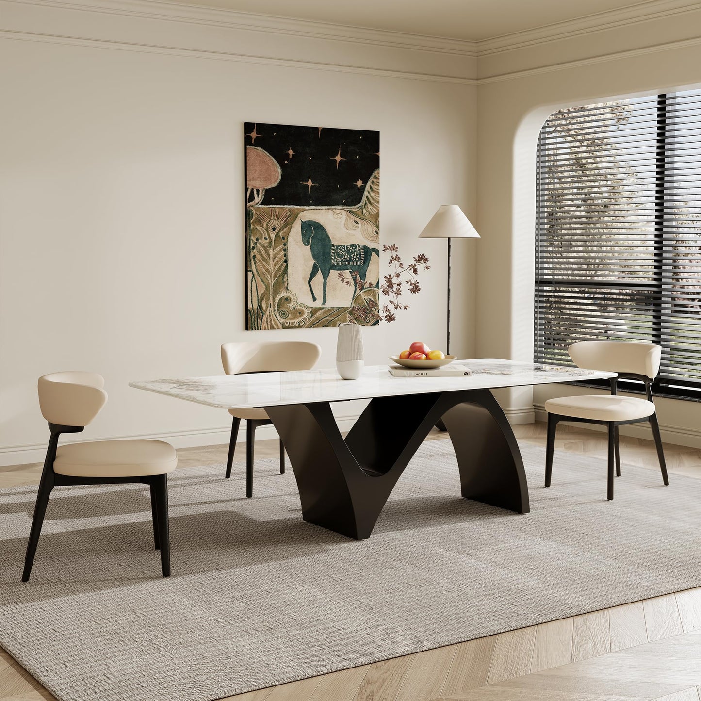 86" Modern Rectangular Dining Table for 8-10, Glossy Kitchen Table with Glossy White Glossy Sintered Stone Tabletop, and Black Stainless Steel Base (Table Only)