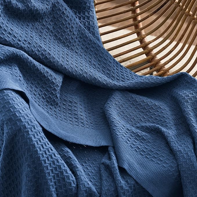 Bedsure 100% Cotton Blanket King Size for Bed - Breathable and Soft, Waffle Weave Blanket for Summer Spring, Navy, 104x90 inches