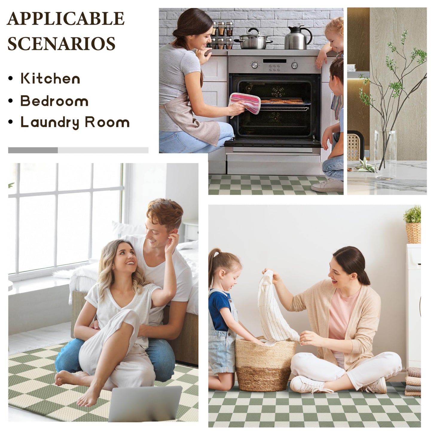 VivaNest Beige Sage Checkered Grid Checkerboard Kitchen Rug Sets [2 PCs], Anti-Fatigue, Waterproof Non-Slip Kitchen Mats Heavy Duty Comfort Foam Rug for Kitchen, Floor, Laundry,17"x29"+17"x47"