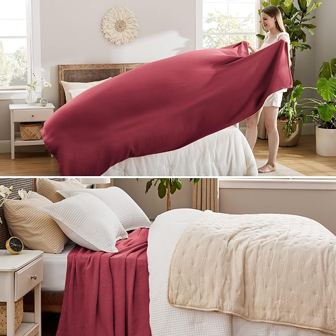 Bedsure 100% Cotton Blanket King Size for Bed - Breathable and Lightweight, Soft Cozy Textured Herringbone Woven Blanket for Summer Spring, Dark Red, 108x90 inches
