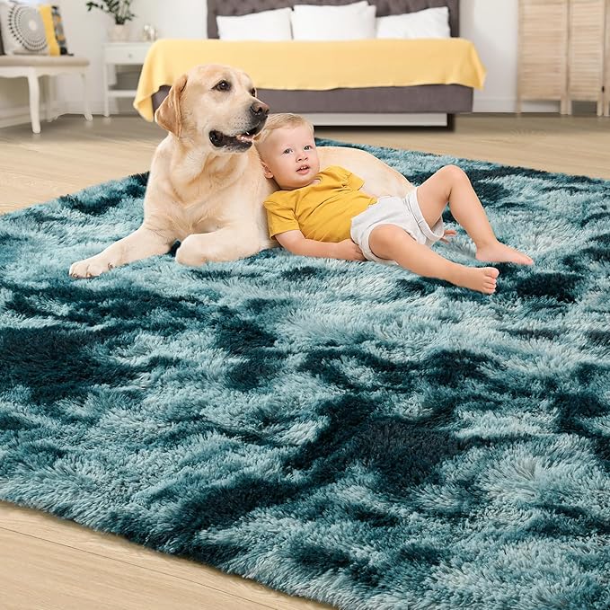 Tepook Soft Fluffy Rugs for Living Room, 5x8 Shaggy Area Rug for Bedroom, Modern Shag Rug Fuzzy Carpets for Kids, Plush Indoor Nursery Home Decor Rug with Non-Slip Bottom, Peacock Blue