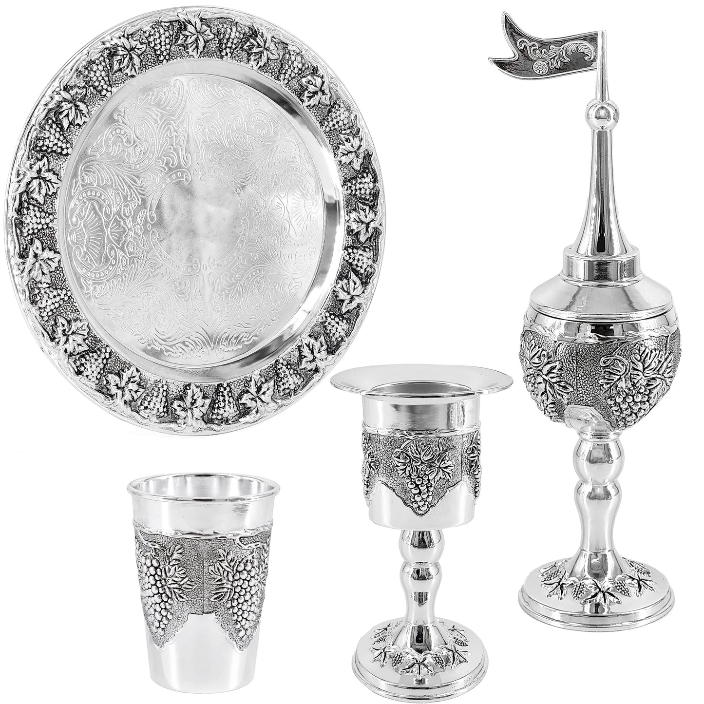 The Dreidel Company Havdalah Set, Grape Theme Wine Goblet, with Candle and Spice Incense Holders, Silver Plated
