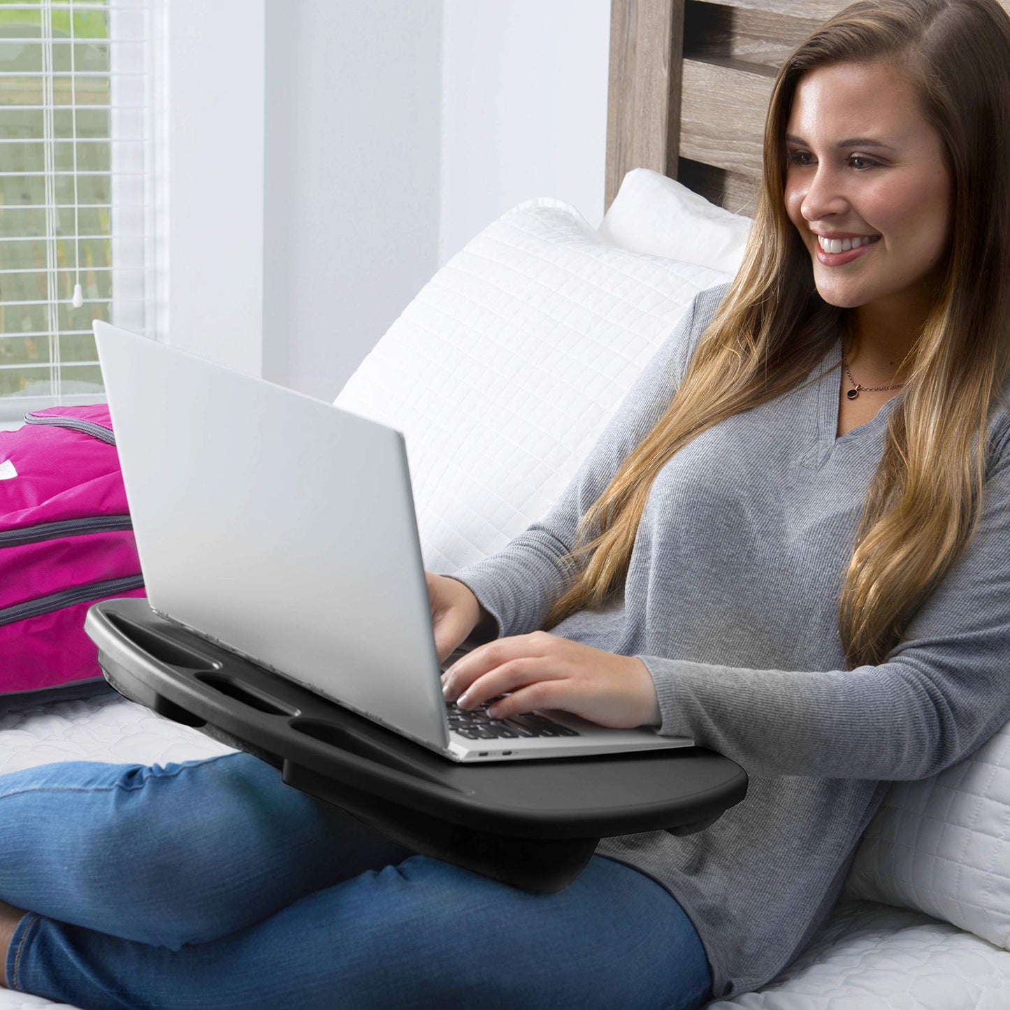 LAPGEAR MyDesk Lap Desk with Device Ledge and Phone Holder - Black - Fits up to 15.6 Inch Laptops - Style No. 44448