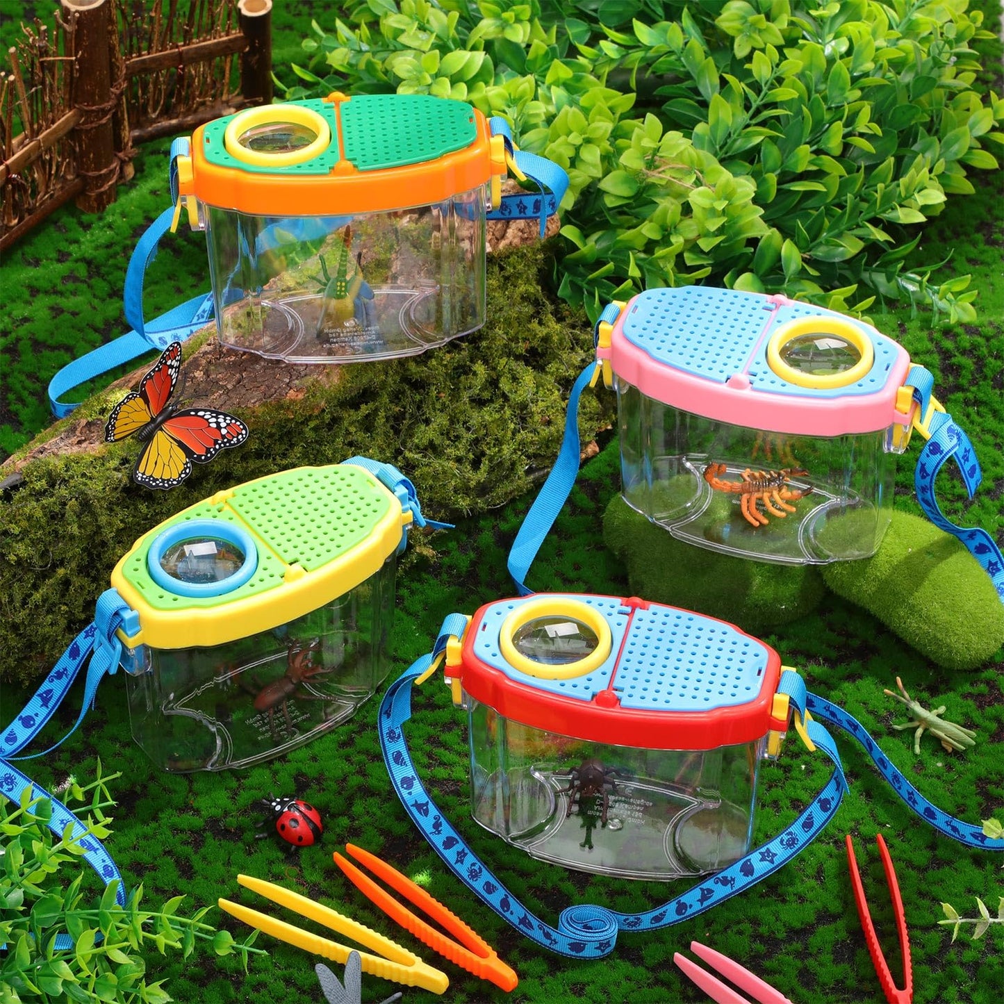 Halloscume 4 Pack Insect Bug Viewer Kit for Kids with Tweezers Explorer Outdoor Set Bug Catcher Containers for Insects Magnifying Insect Box Observation Science Nature Exploration Collecting(Bright)