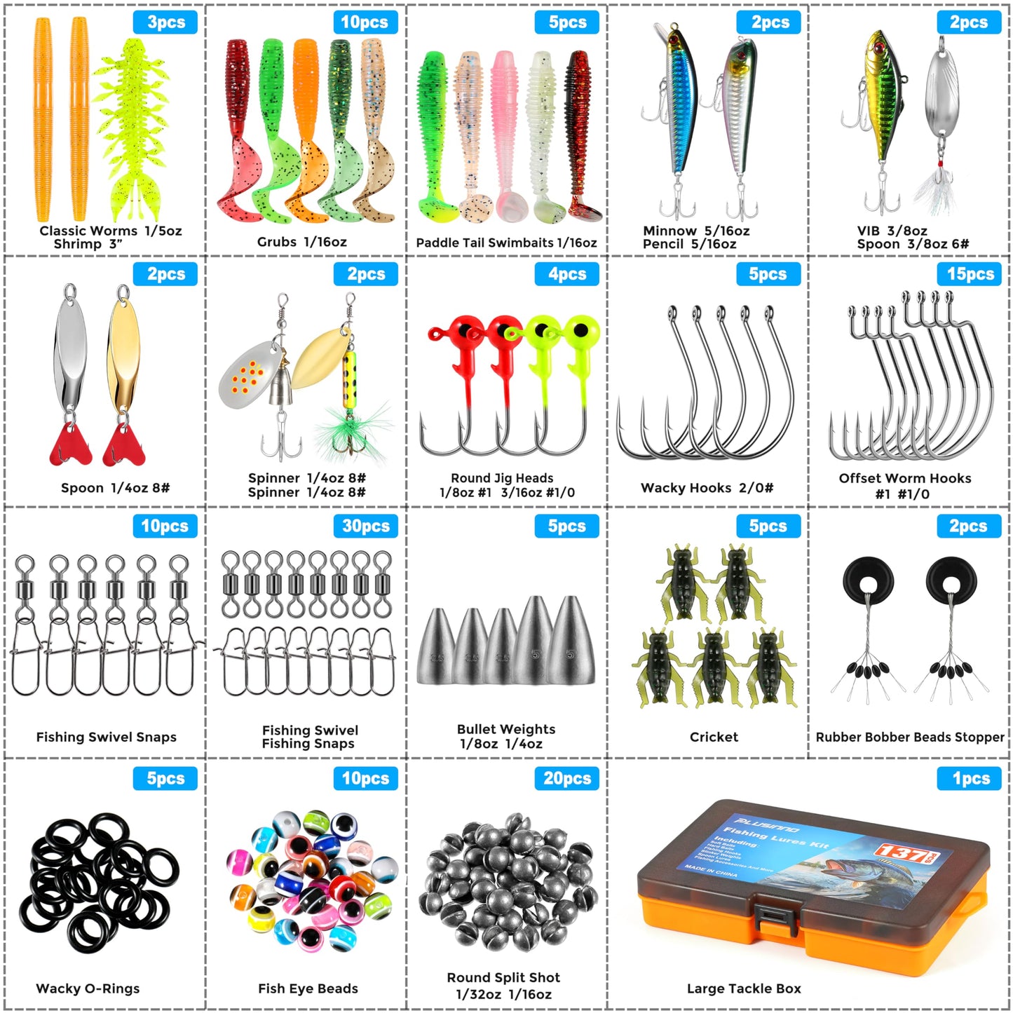 PLUSINNO Fishing Lures, 137Pcs Tackle Box with Tackle Included, Crankbaits, Spoon, Hooks, Weights & Other Accessories, Fishing Bait Lure Gear Kit Gift for Men Bass Freshwater