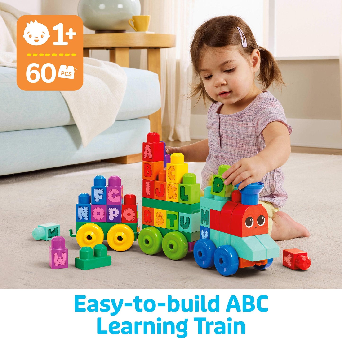 MEGA BLOKS First Builders Toddler Building Blocks Toy Set, ABC Learning Train with 60 Pieces, Ages 1+ Years