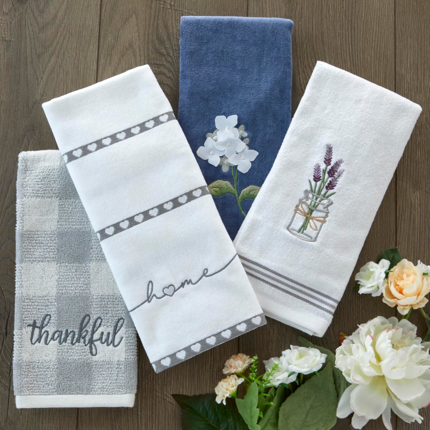 SKL Home Farm Hydrangea 100% Cotton 3D Embroidered 2pc Hand Towel Set, Decorative for Bath/Kitchen/Bar & Gift, Blue