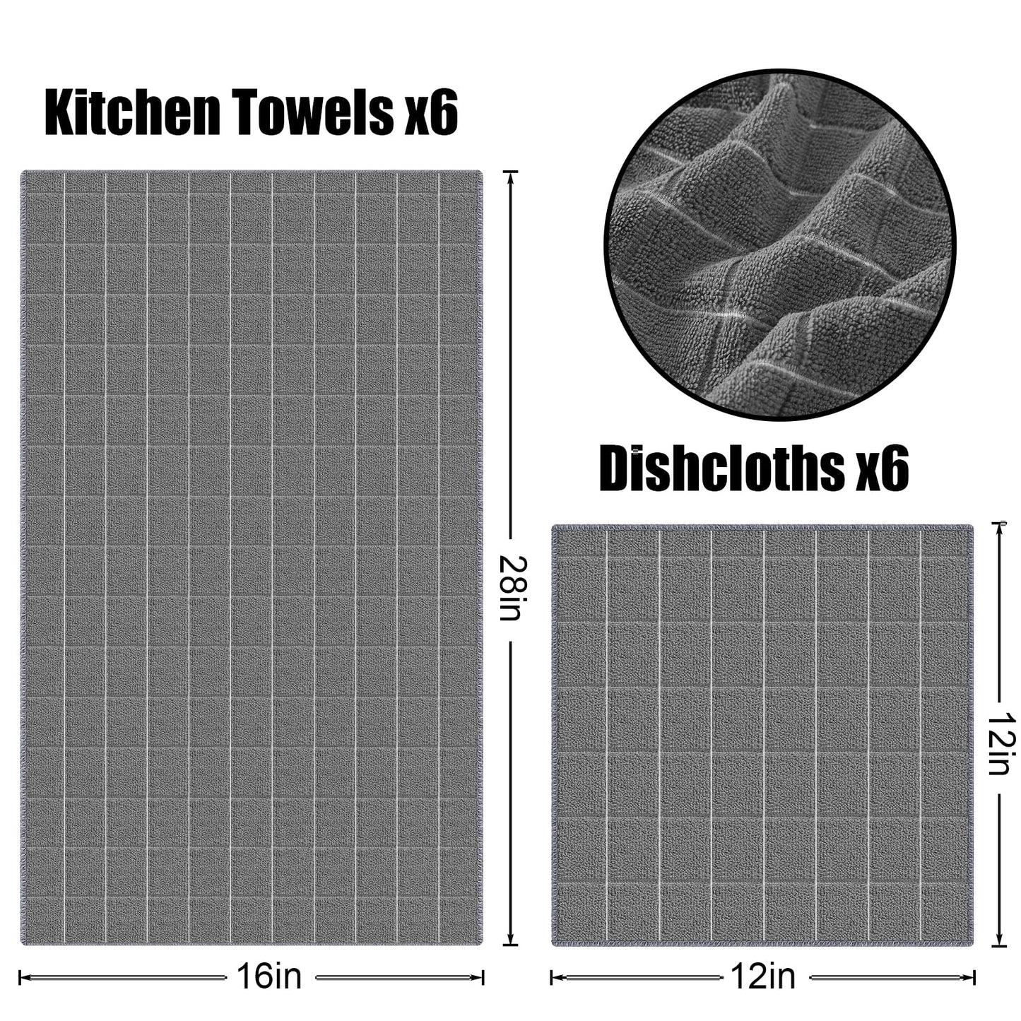 Homaxy Microfiber Kitchen Towels and Dishcloths Set, 12 Pack Soft and Absorbent Dish Hand Towels Bulk, 28 x 16 Inch & 12 x 12 Inch Quick Drying Rags for Washing Dishes, Grey