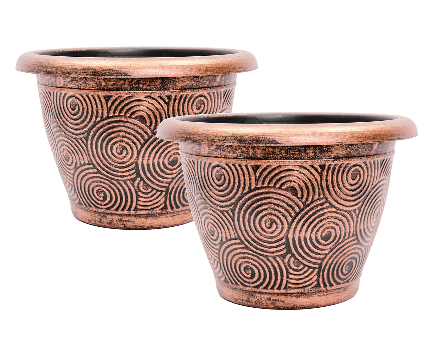 Set of 2 Circle Pattern Small Decorative Plastic Planter 10X7 inches for Indoor, Outdoor, Nursery, Garden, Patio, Office, Home Decor Use. Long Lasting, Reusable Light Weight (Concentric, Copper)