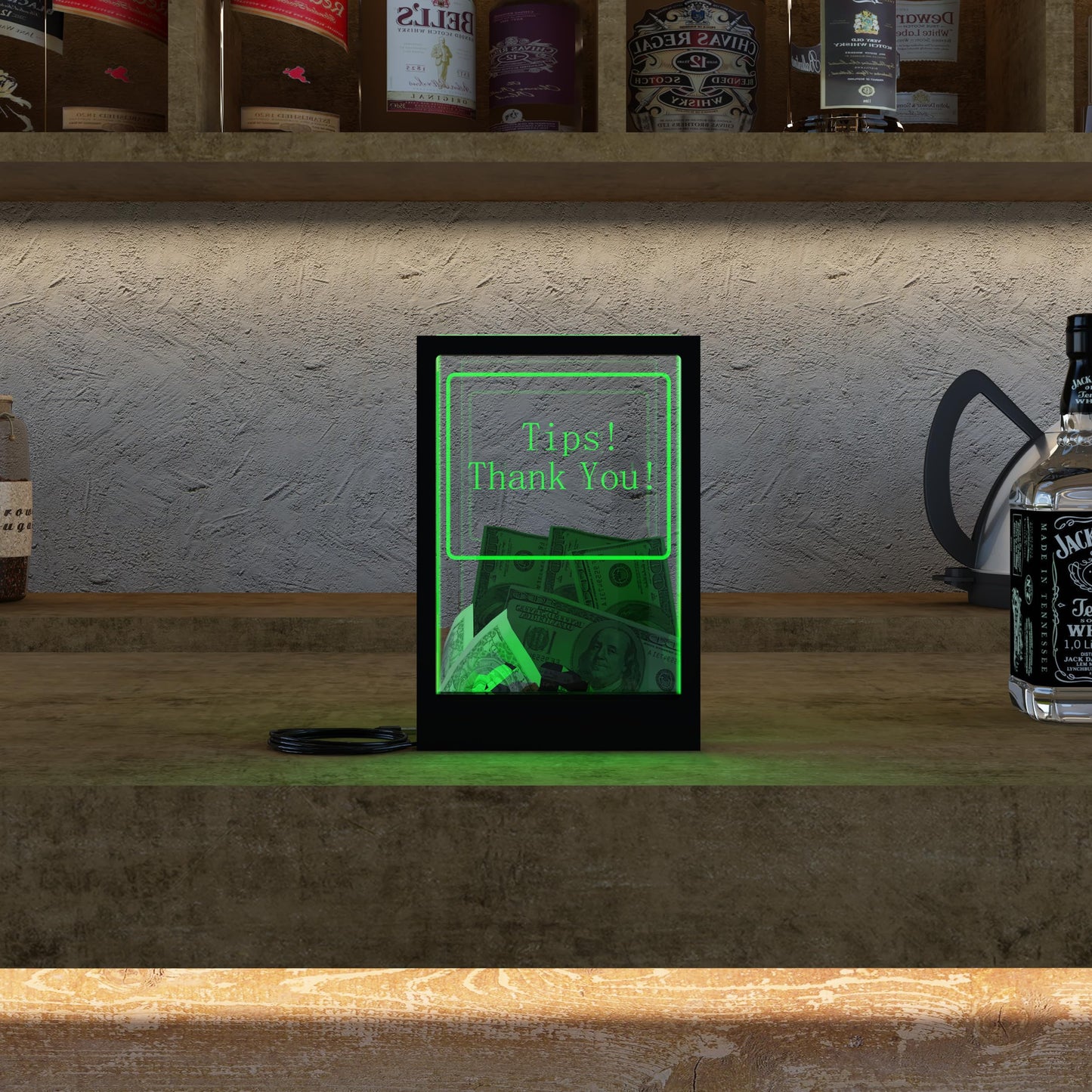 HEMYLU Tip Jar with 2 Sign Holders, LED Light & Lock for Bar & Party, Donation Box with Sign Holder ''Tips! Thank You!'', Suggestion Box with DIY Blank Sign Holder for Getting Cards, Voting & Ballots