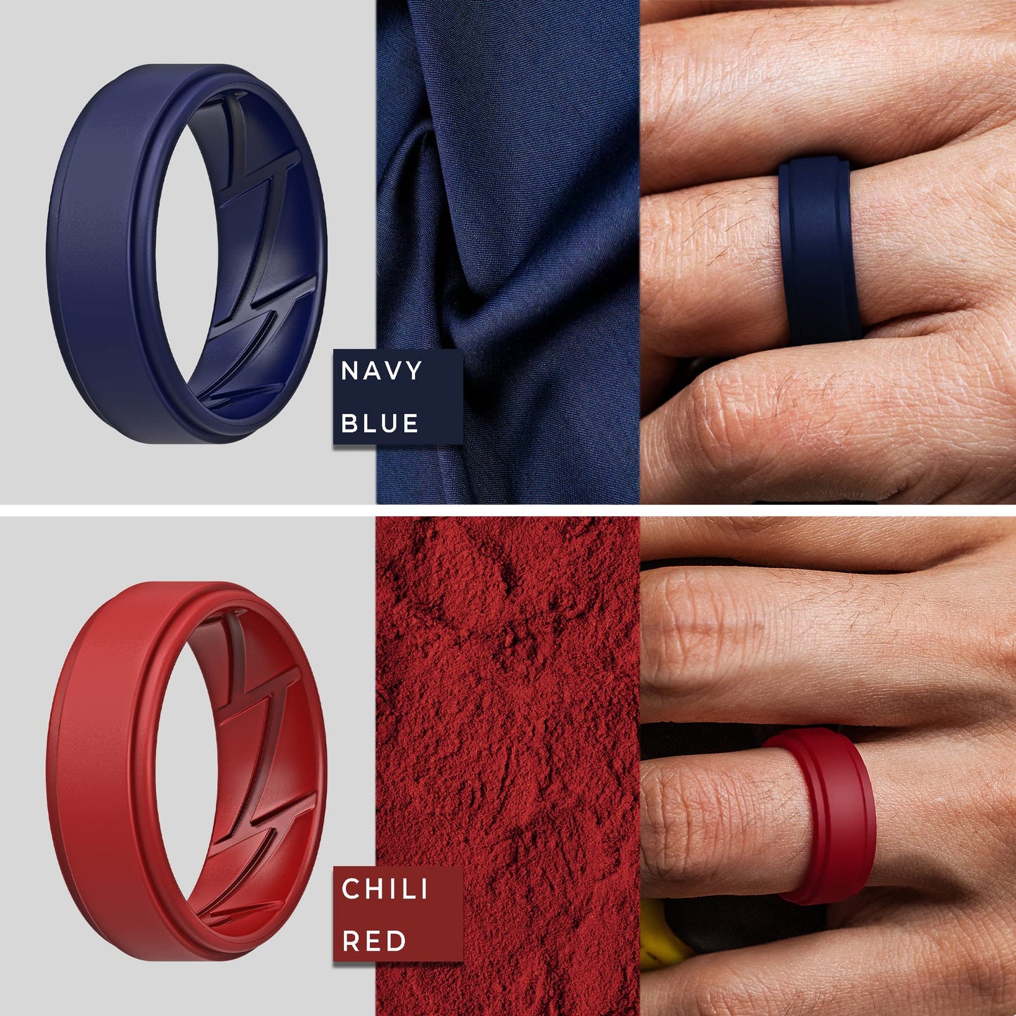 ThunderFit Silicone Wedding Rings for Men Breathable Airflow Inner Grooves, Step Edge Sleek Design Rubber Engagement Bands 8mm Wide 2mm Thick, Variety Multipack 1-7