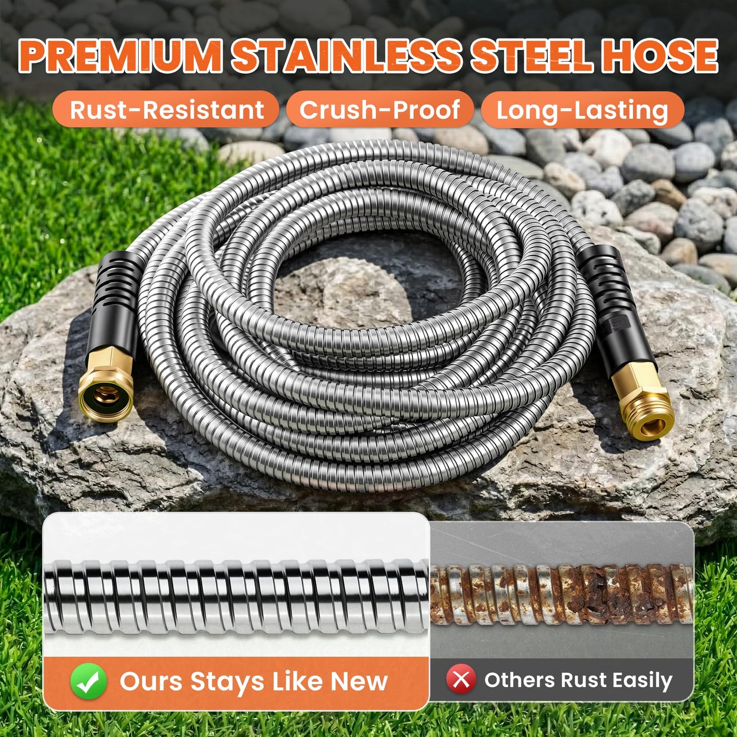 Cesun 75 ft Metal Garden Hose, Stainless Steel Heavy Duty Water Hose With 10 Function Nozzle, No Kink & Flexible, Lightweight and Durable, Rust Proof for Yard, RV, Pet Bath, Outdoor, 75 foot x 5/8"