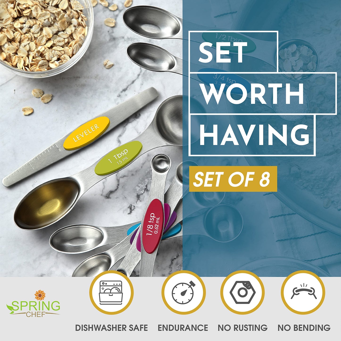 Spring Chef Stainless Steel Magnetic Measuring Spoons Set with Strong Magnets, Heavy Duty Metal Kitchen Essentials - Fits in Most Kitchen Spice Jars, Multicolor, Set of 8 with Leveler