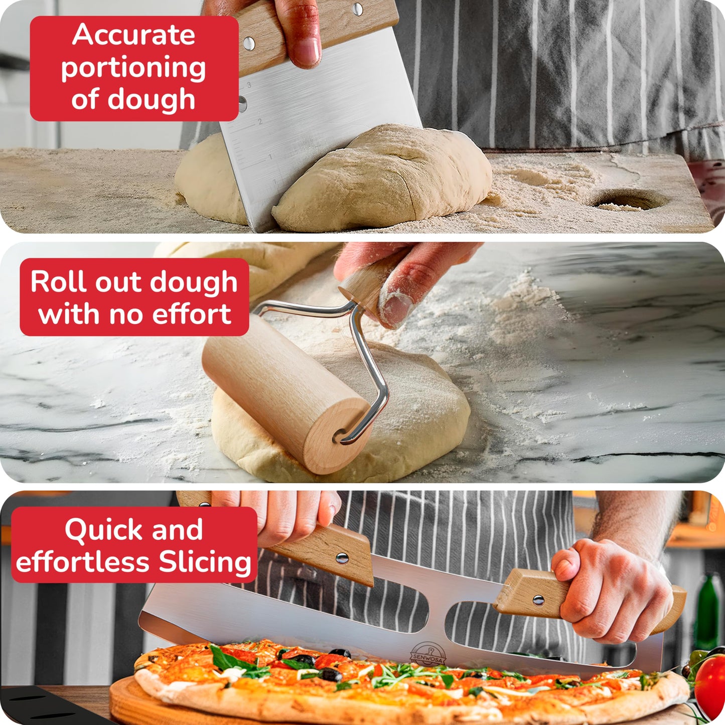 Senwosa Premium Pizza Oven Accessories Kit - 6-Piece Set for Home Pizza Making: Includes Pizza Peel, Oven Brush, Bubble Popper Turner, Rocker Cutter, Dough Roller & Scraper