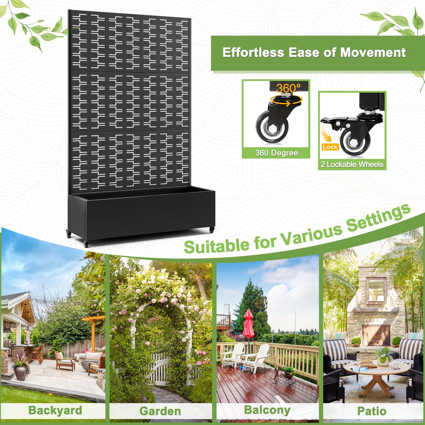 FENCY Metal Raised Garden Bed with Wheels and Trellis,73"x47"x16" Planter Box for Climbing Plants, Vegetables & Vines, Features Privacy Screen and Drainage Holes (Black-Brick)
