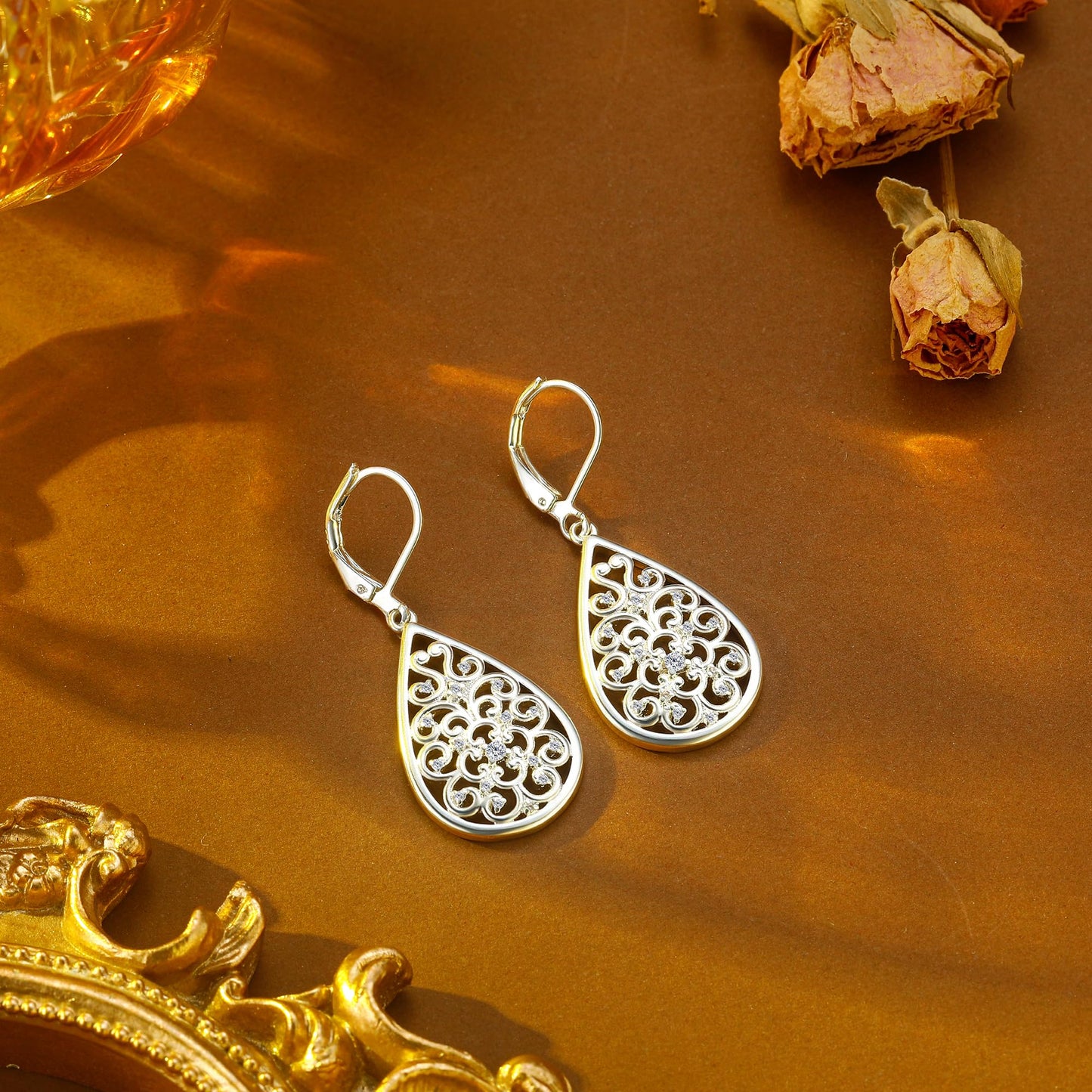 Sterlings Silver Teardrop Earrings for Women Silver Dangle Hypoallergenic Leverback Filigreee Silver Drop Earring Dangle for Sesitive earrs(Filigree-C-S)
