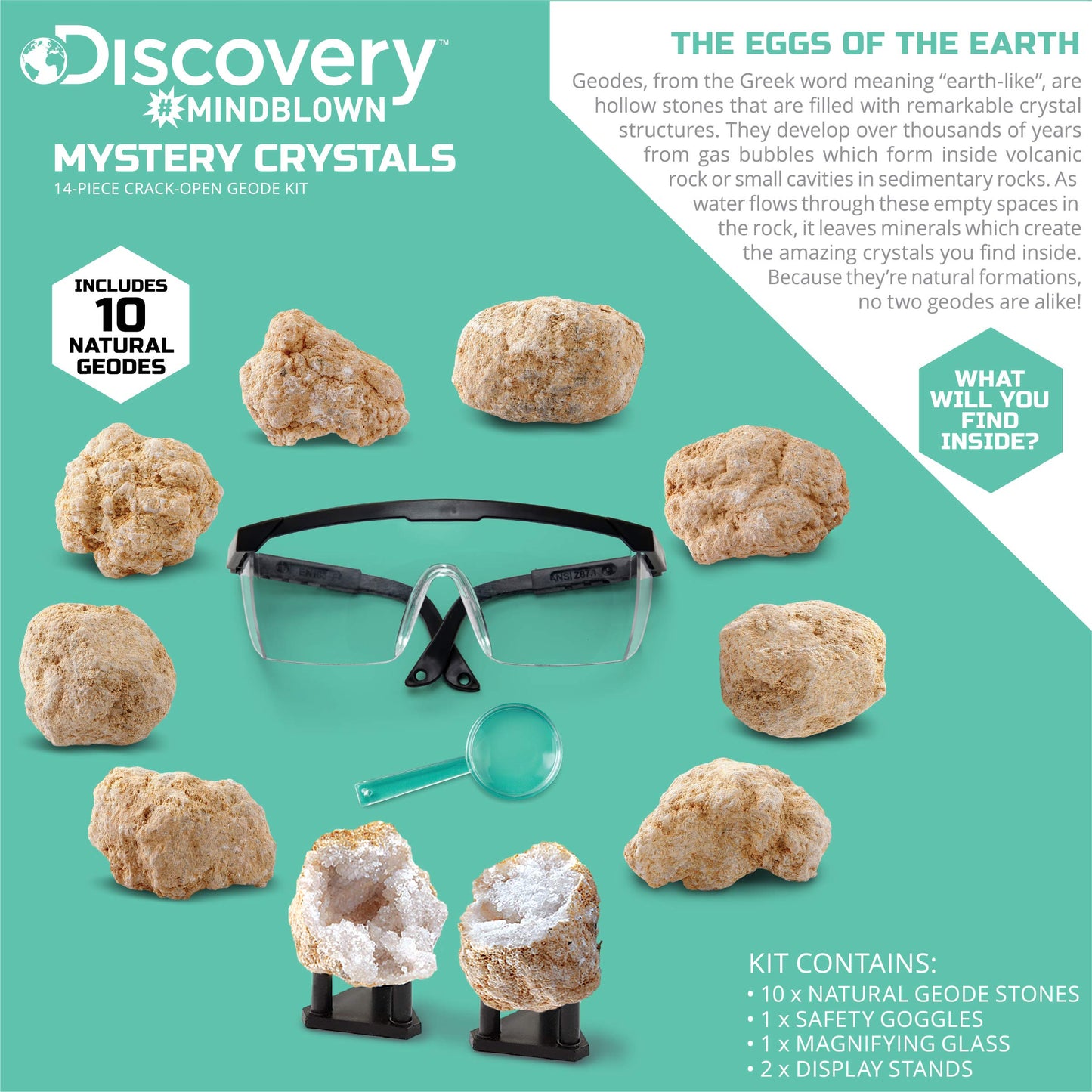 Discovery™ Crack-Open Geode Kit – Mystery Crystal STEM Science Set | 10 Natural Quartz Geodes | Kids Goggles, Magnifying Glass & Display Stands | Rock Dig Activity Toy| Educational Experiment Gift