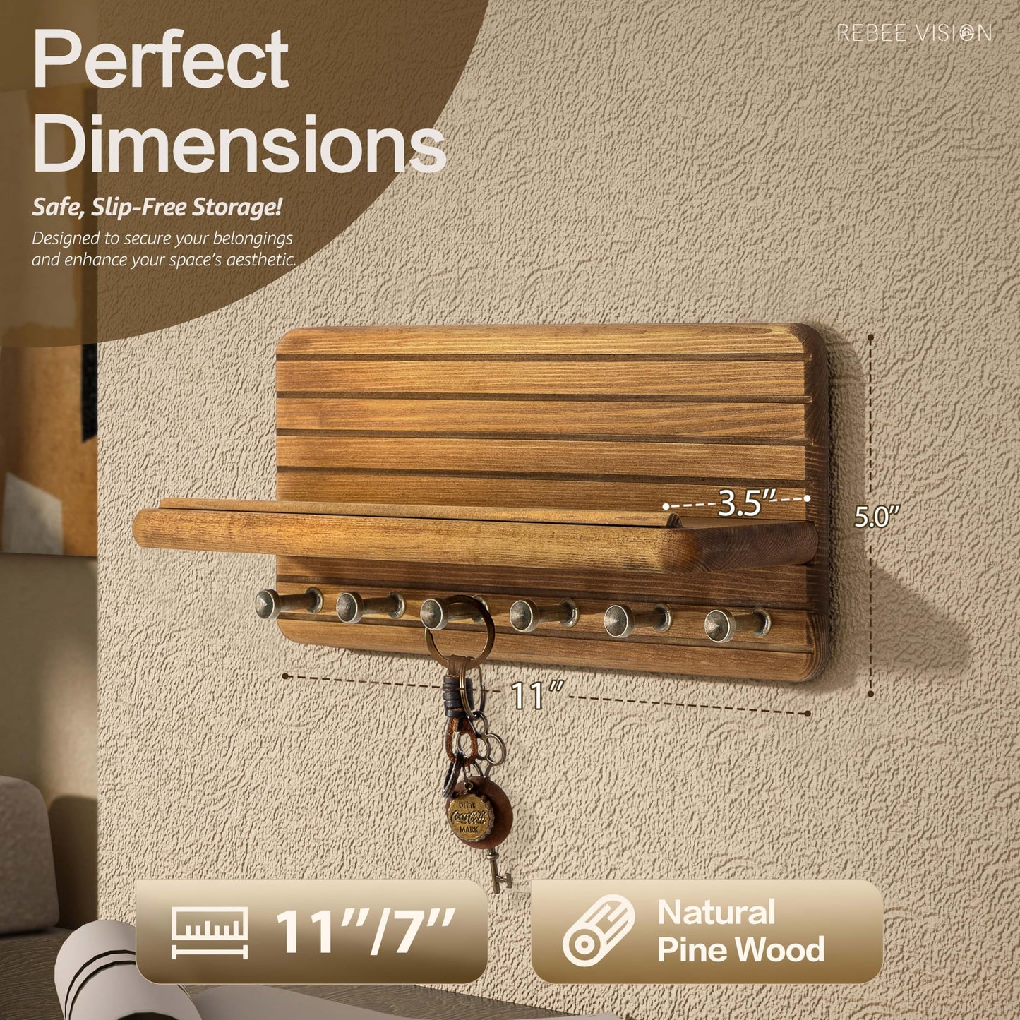 Rebee Vision Farmhouse Key Holder Wall Mount for Home Decor – Decorative 11-inch Pine Wooden Key Holder for Wall with 6 Hooks & Floating Shelf - Apartment Essentials for Tidy Space (Light Brown)