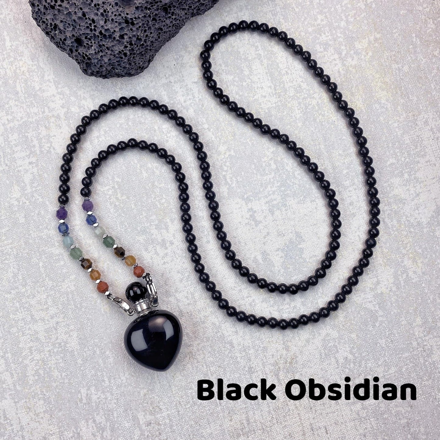 EDEN'S CALL Black Obsidian Crystal Heart Perfume Bottle Pendant Necklace, 7 Chakra Crystal Bead Aromatherapy Diffuser Pendant Jewelry Gifts for Women