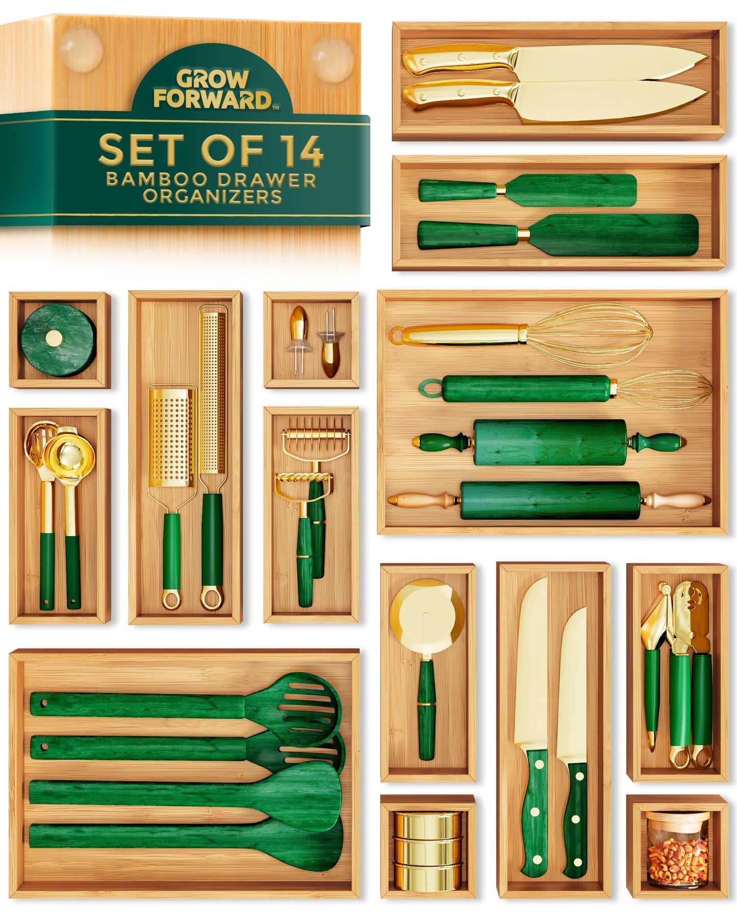 Grow Forward Bamboo Drawer Organizer Boxes - Set of 14 Wooden Drawer Organizers for Kitchen, Bathroom, Office, Desk, Vanity, Makeup - Non-Slip Junk Drawer Organizer Trays for Storage and Organization