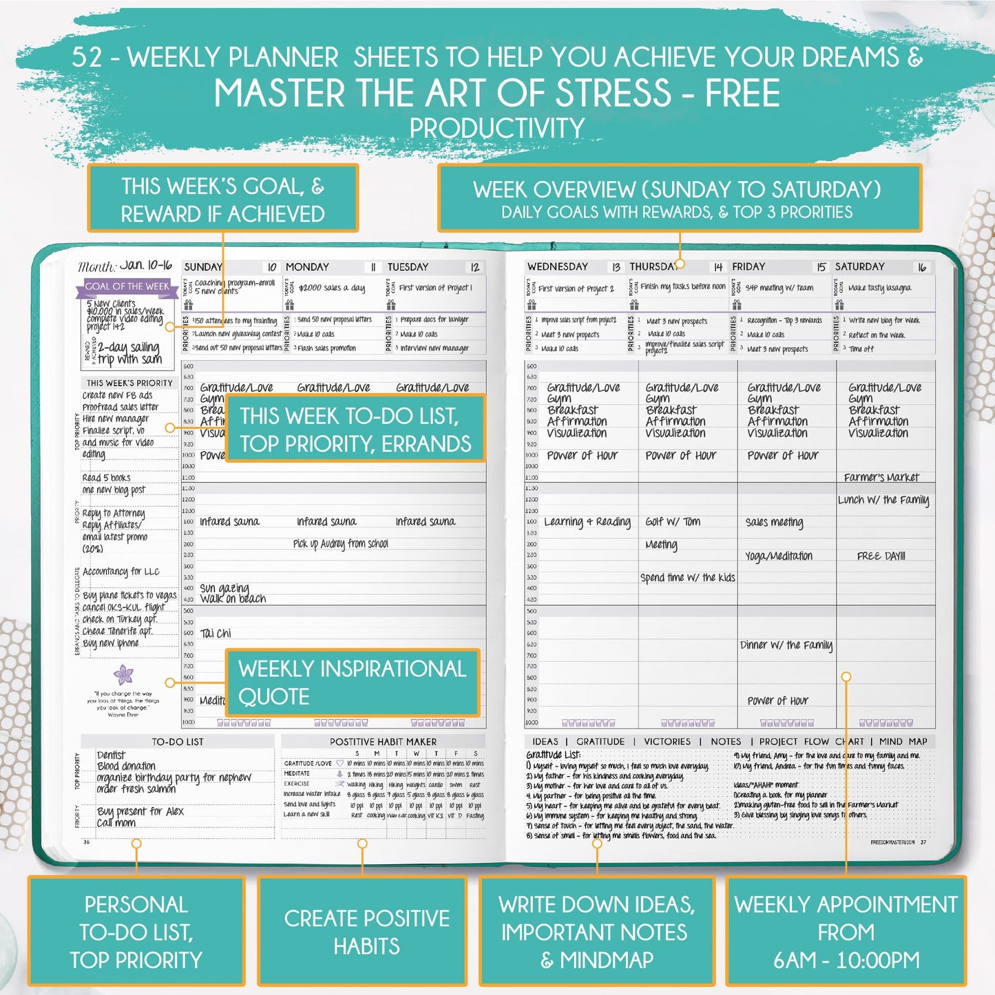 Life Planner - Undated Weekly & Monthly Planner, 12-Month Journey to Increase Productivity | Gratitude Journal, Life Organizer & Goal Journal | Include Foldable Vision Board, Habit Tracker & Stickers