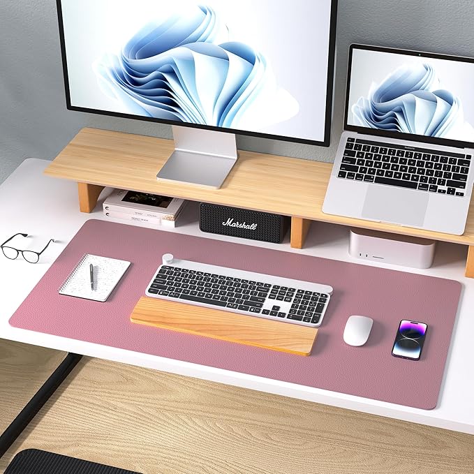 Aothia Leather Desk Pad Protector, Mouse Pad, Office Desk Mat, 31.5" x 15.7" Non-Slip PU Leather Desk Blotter, Laptop Desk Pad, Waterproof Desk Writing Pad for Office and Home (Dark Pink)