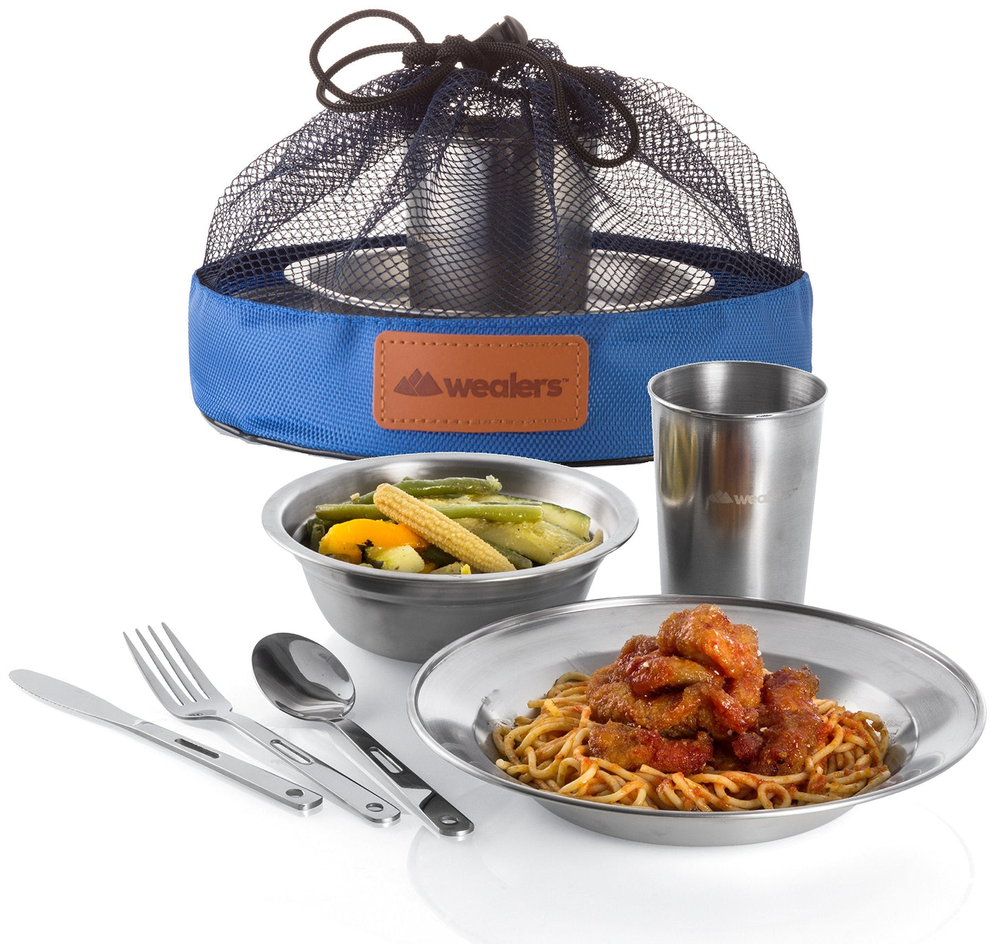 Wealers Unique Complete Messware Kit Polished Stainless Steel Dishes Set| Tableware| Dinnerware| Camping| Buffet| Includes - Cups | Plates| Bowls| Cutlery| Comes in Mesh Bags (2 Person Set Blue)