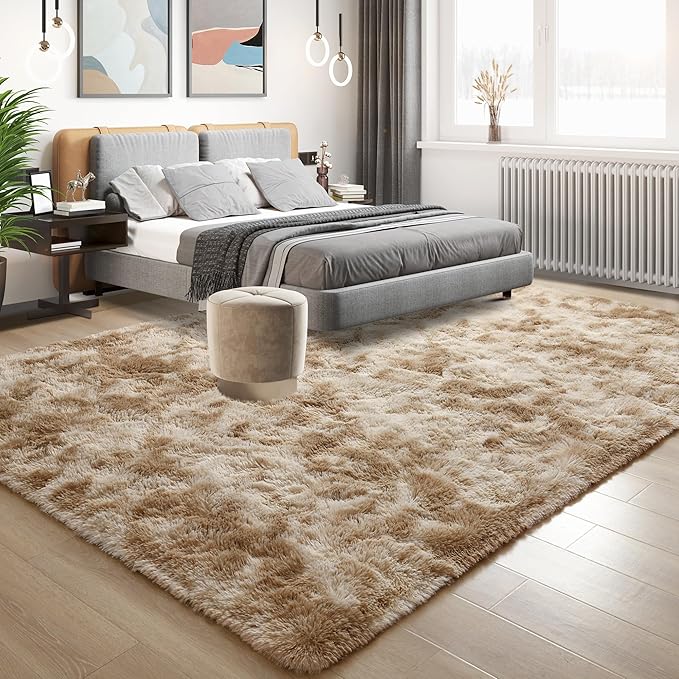 Tepook Fluffy Large Rugs for Living Room, Shag Area Rug 6x9 Soft Carpet for Bedroom, Modern Shaggy Rug for Kids Boys Girls, Plush Indoor Nursery Home Decor Rug with Non-Slip Bottom, Tie-Dyed Beige