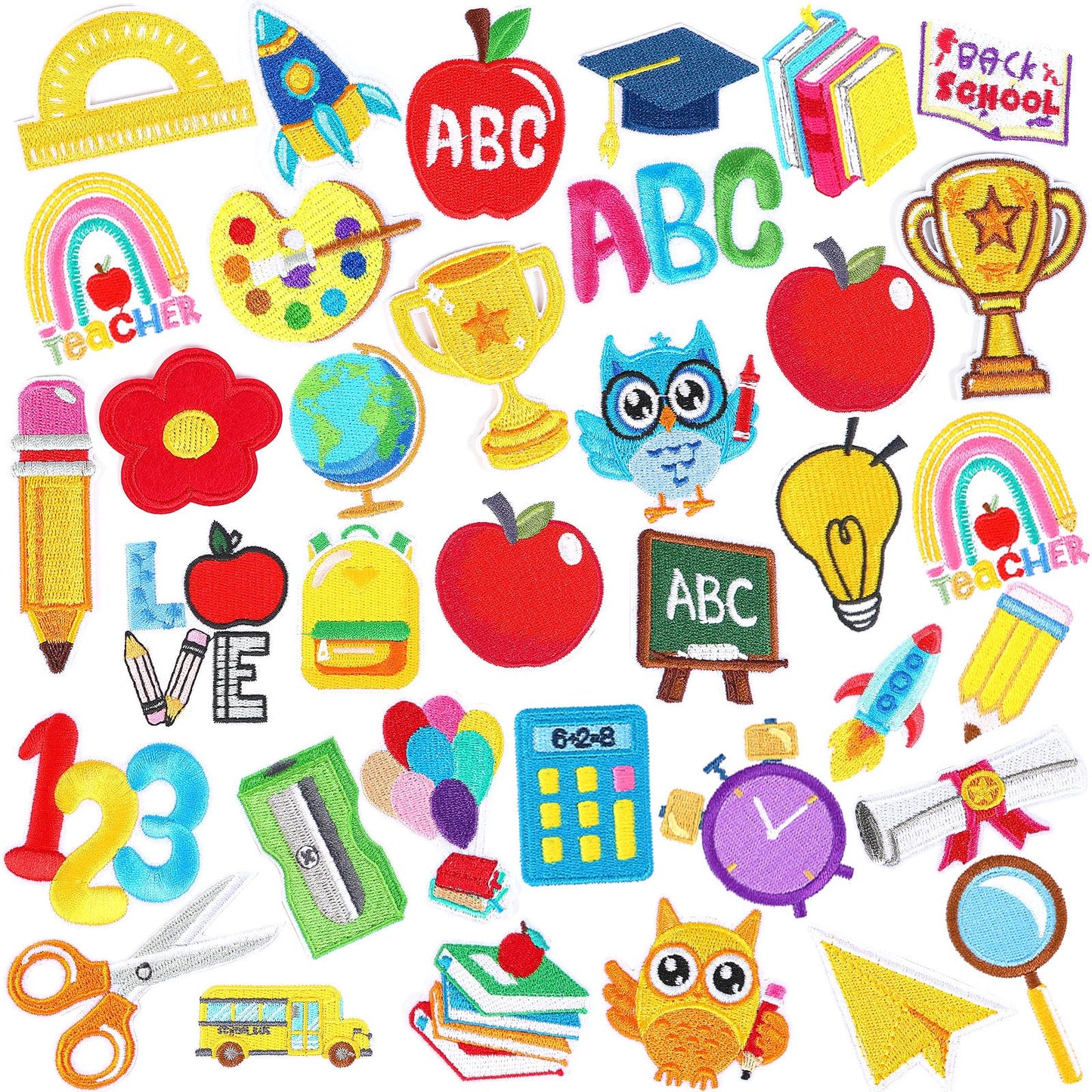 AUGSUN 36pcs Back to School Iron on Patches Pencil School Bus Embroidered Sew Applique Repair Patch Teacher Students DIY Crafts for Clothing Jacket Jeans Pants Dress Backpack Hat Decorations