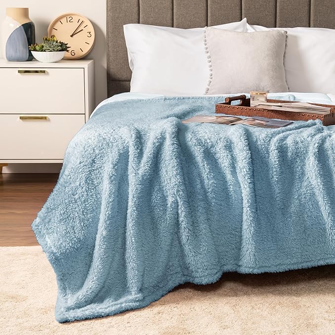 PAVILIA Sherpa Throw Blanket for Couch Sofa, Dusty Slate Blue Fluffy Warm Plush Blanket for Bed, Cozy Super Soft Lightweight Throw, Fuzzy Decorative Blanket, All Season Home, 50x60