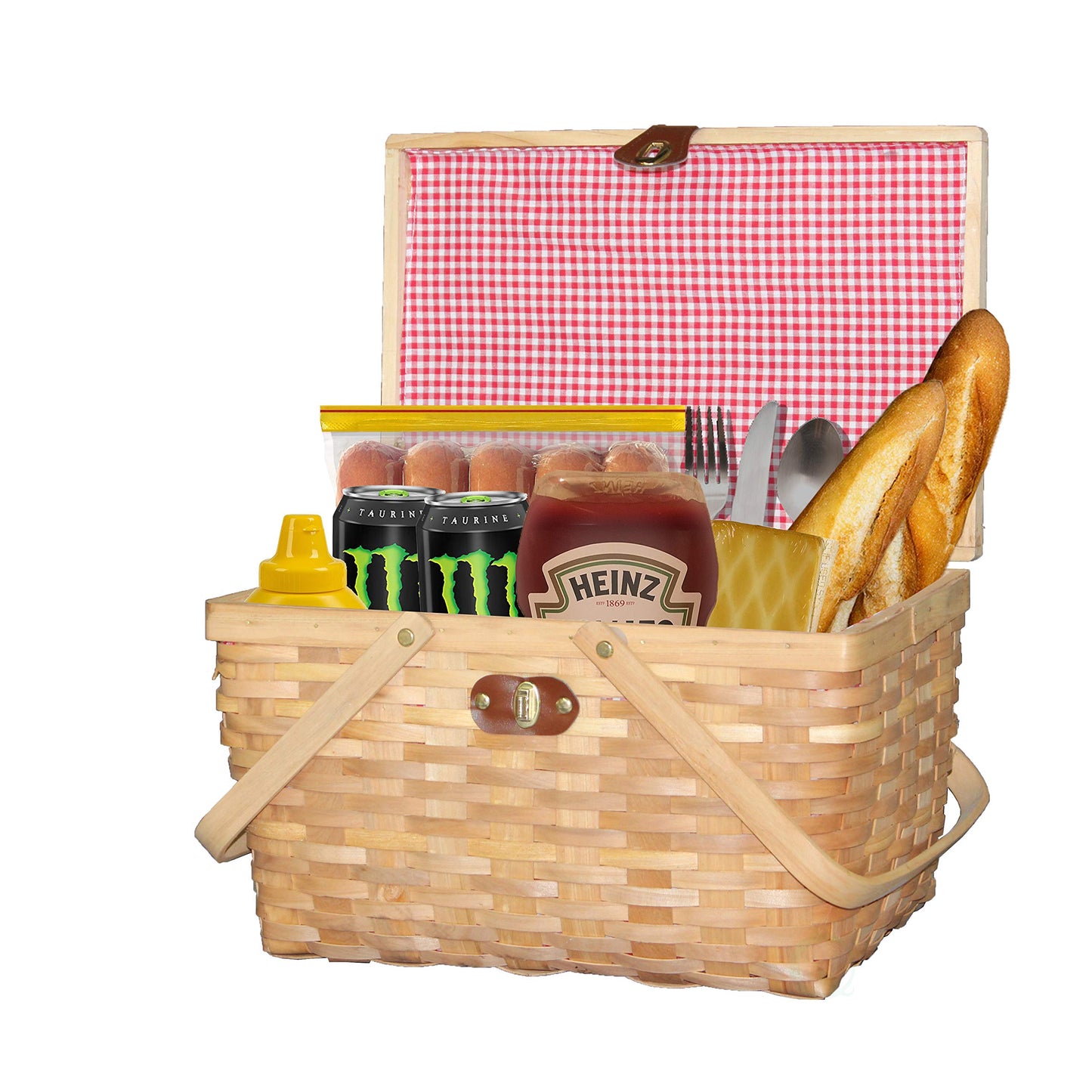 Wickerwise Gingham Lined Woodchip Picnic Basket with Lid and Movable Handles