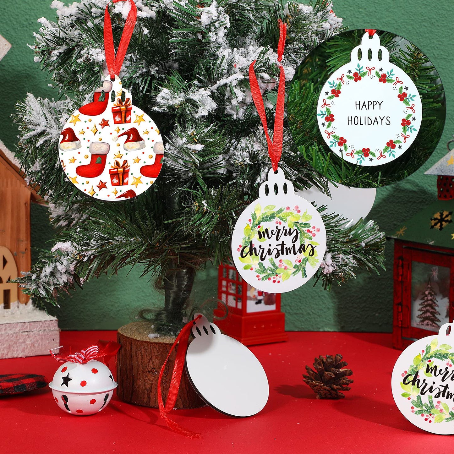 Jetec Christmas Sublimation Blank Pendants Double Side MDF Personalized Heat Transfer Blank Hanging Pendant White Sublimation Ornament with Red Ribbon for DIY(36 Pcs,3.5 x 2.9 x 0.1 Inch)