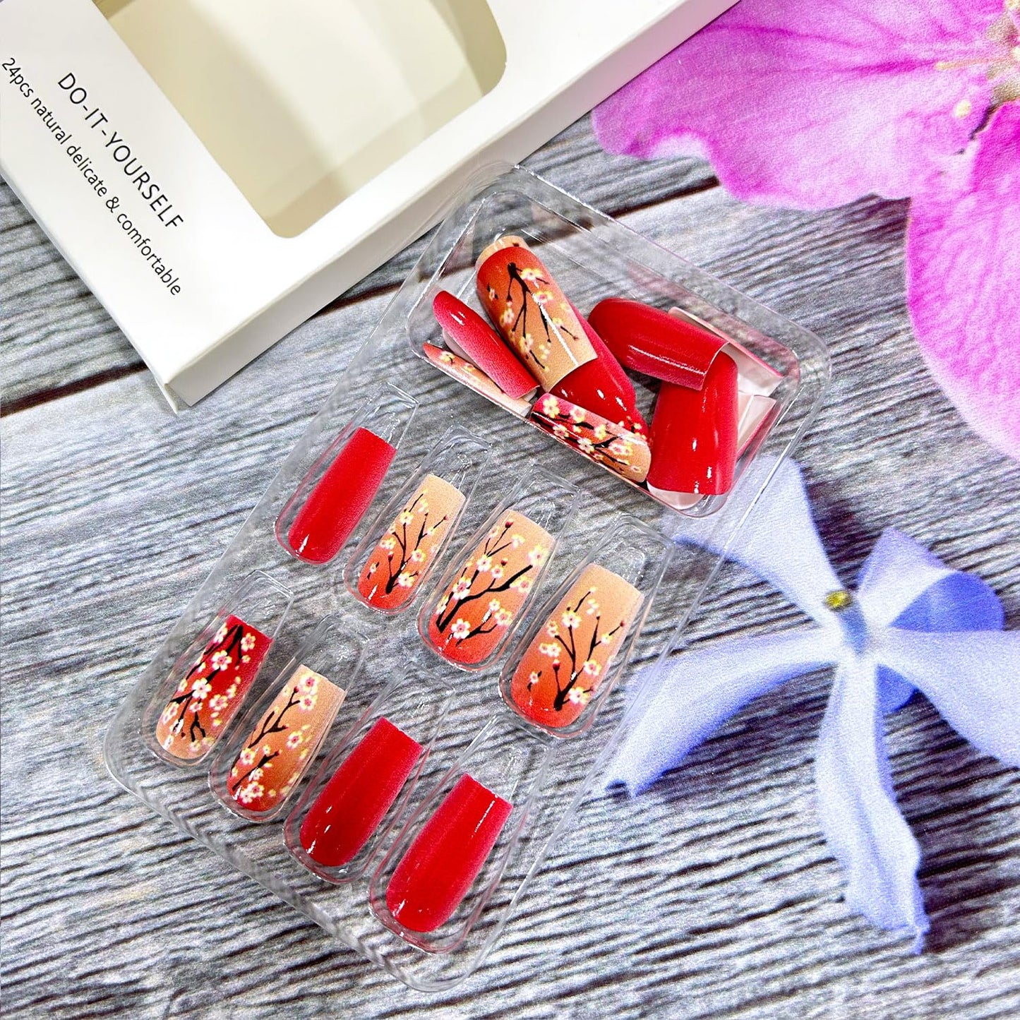 Red Press on Nails Medium Length Pink Flower Pattern Design Fake Nails Gradient Press Nails Full Cover Glossy Acrylic Nails Artificial Coffin Nails Ballet Shaped Stick on Nails Glue on Nails for Women