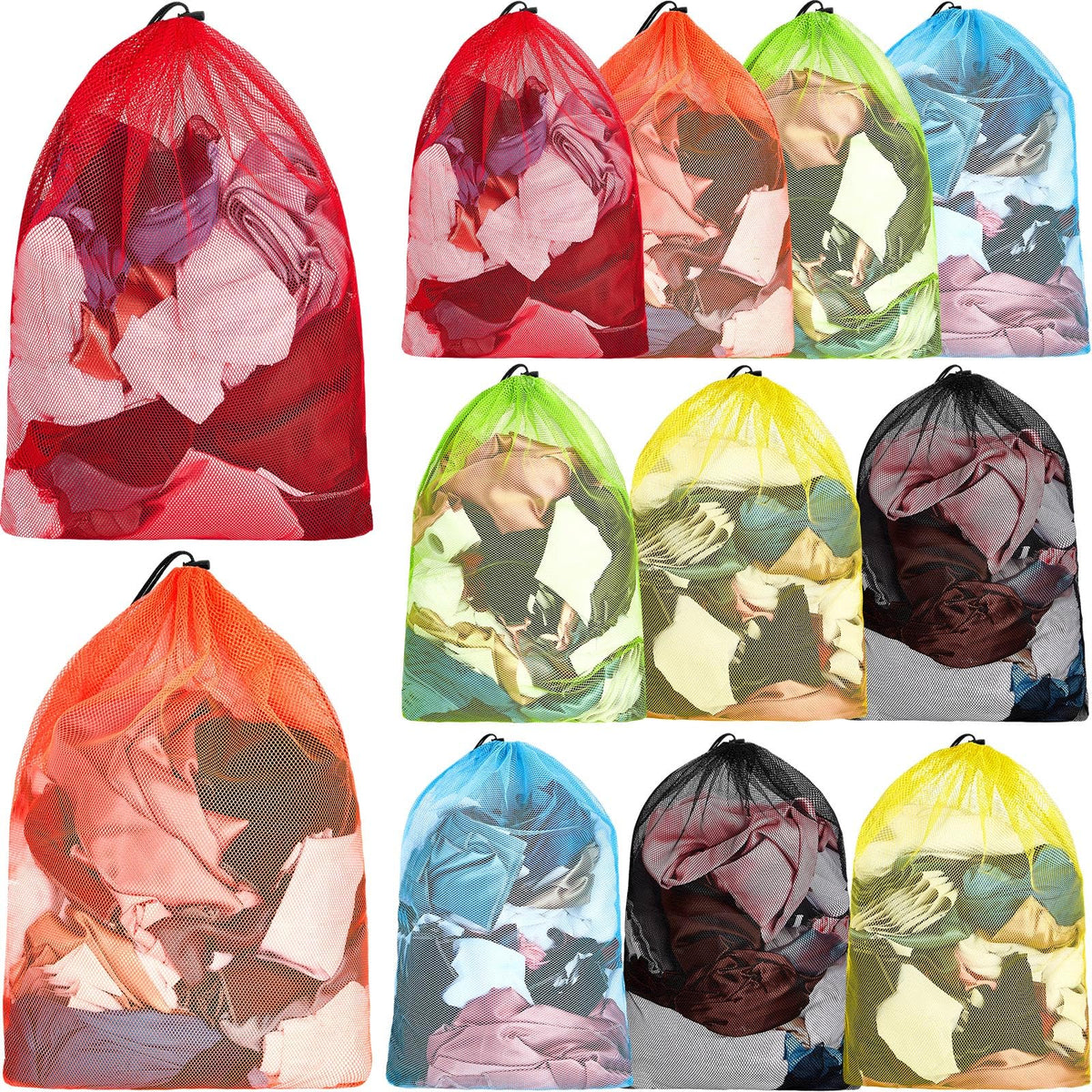 12 Pcs 32 x 24 in Large Laundry Bag Colorful Extra Large Mesh Laundry Bag Bulk with Drawstring Heavy Duty Mesh Machine Washable Drawstring Pouch for Clothing Classification Dorms (12 Count)