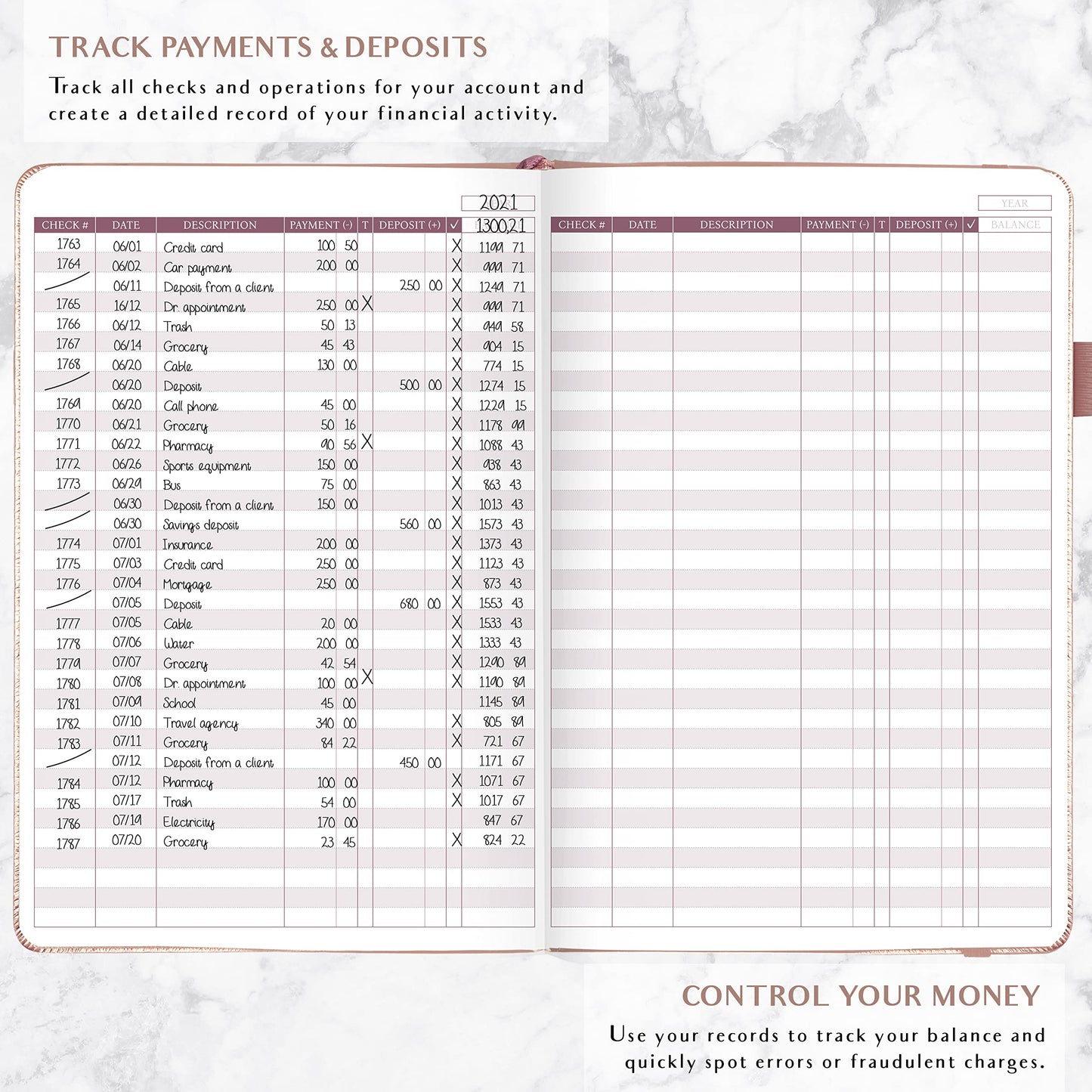 Legend Planner Check Register Book – Accounting Ledger Book for Small Business & Personal Use – Checkbook Register to Track Financial Transactions – Hardcover, 7x10″, 6300 Entries (Rose Gold)