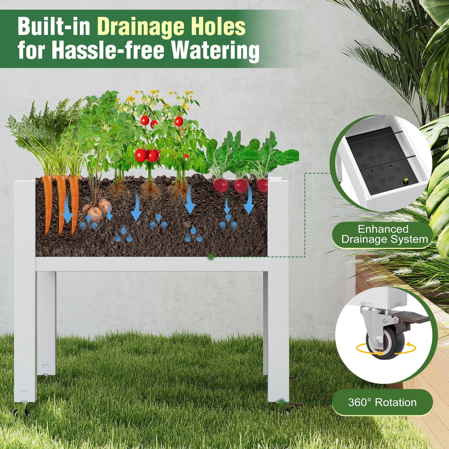 WTFGO Elevated Raised Garden Bed with Wheels - Outdoor Mobile Resin Planter Box with Drainage Holes for Vegetables Flower Herbs, Weather Resistant, Ashen (26.3" h)
