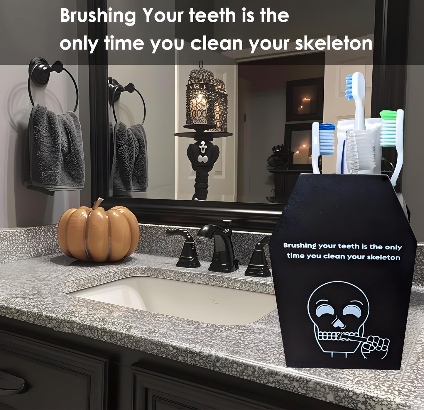 Halloween Gothic Bathroom Decor - Spooky Goth Coffin Toothbrush Holder Sides Wide Open Quick Dry, Roomy Space, Horror Bats Skull Design - 5.5" L x 4" W x 6" H
