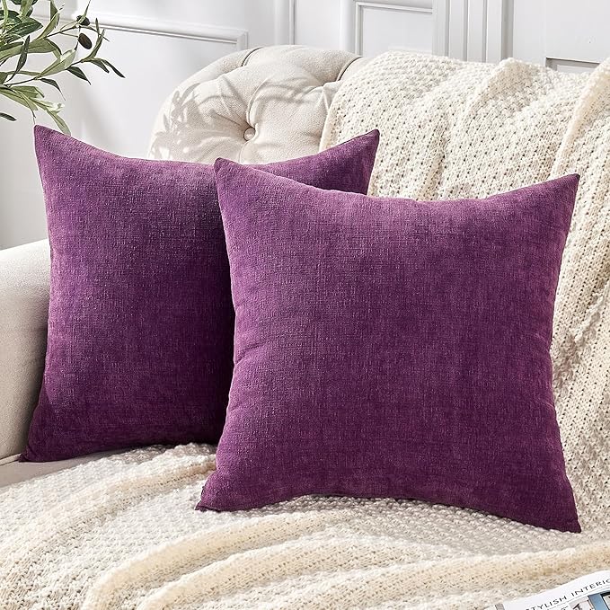 GAWAMAY Decorative Throw Pillow Covers 16x16 Inch Set of 2, Super Soft Chenille Square Pillows Farmhouse Fall Pillowcase for Living Room Bedroom Sofa Couch Cushion Cover Purple 40x40cm (No Insert)
