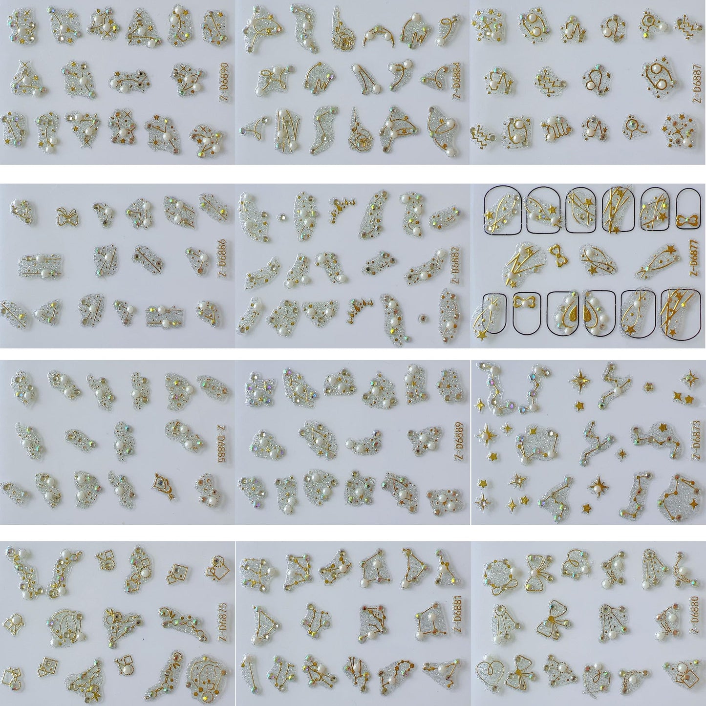 NAIL ANGEL 12Sheets Nail Art Adhesive Sticker Sheets Glitter Designs with Gold Decal Antique Baroque Styles with Rhinestones and Pearls Decals Nail Art 10356