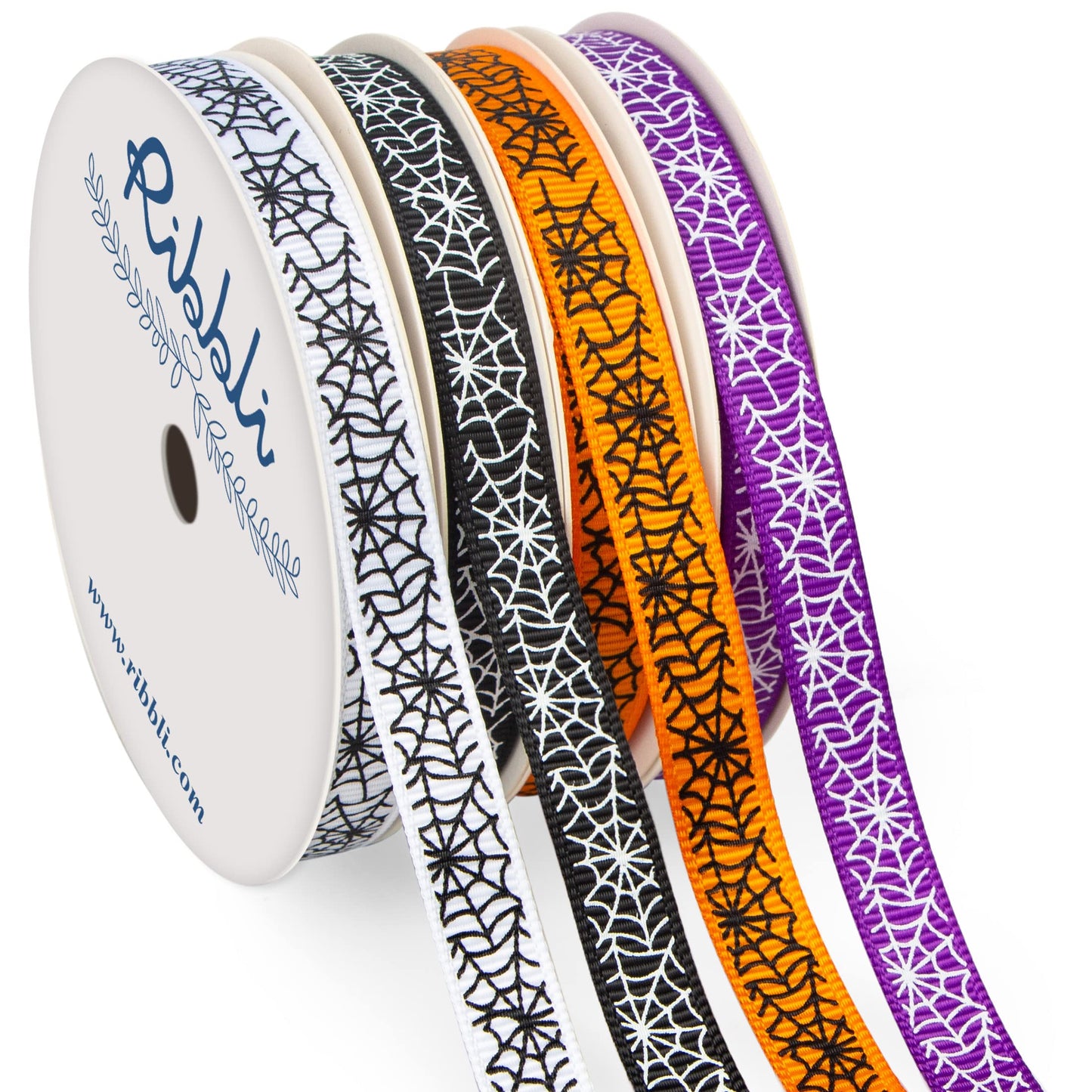 Ribbli Halloween Ribbon,4 Rolls Halloween Spider Web Grosgrain Ribbon for Crafts, Gift Wrapping, 3/8 Inches Total 120 Feet(40 Yard), Black/White/Orange/Purple