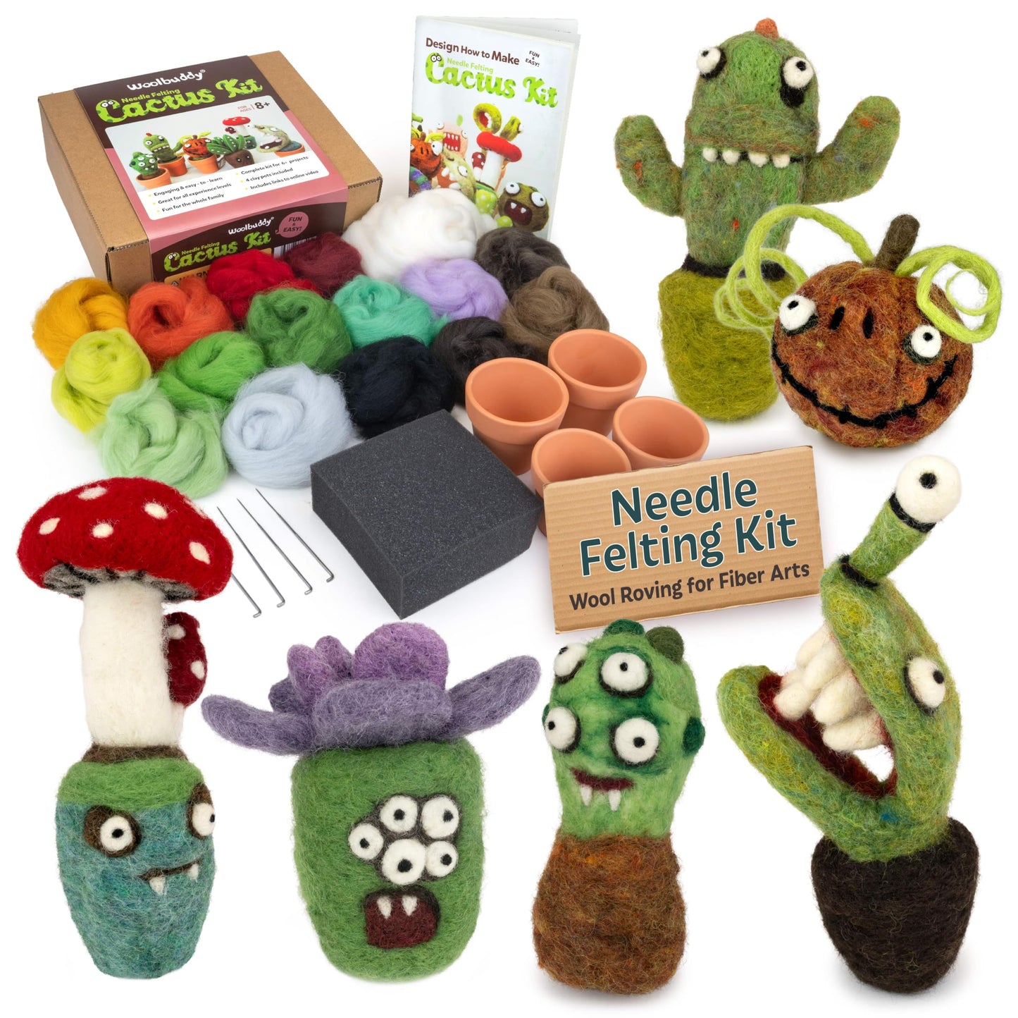 Woolbuddy Needle Felting Kit – Cactus & Succulent Felting Kit for Adults & Beginners, Beginner Needle Felting Kit with Wool Roving, Felting Needles, Foam Pad & Clay Pots | Cute DIY Craft Kit Gift