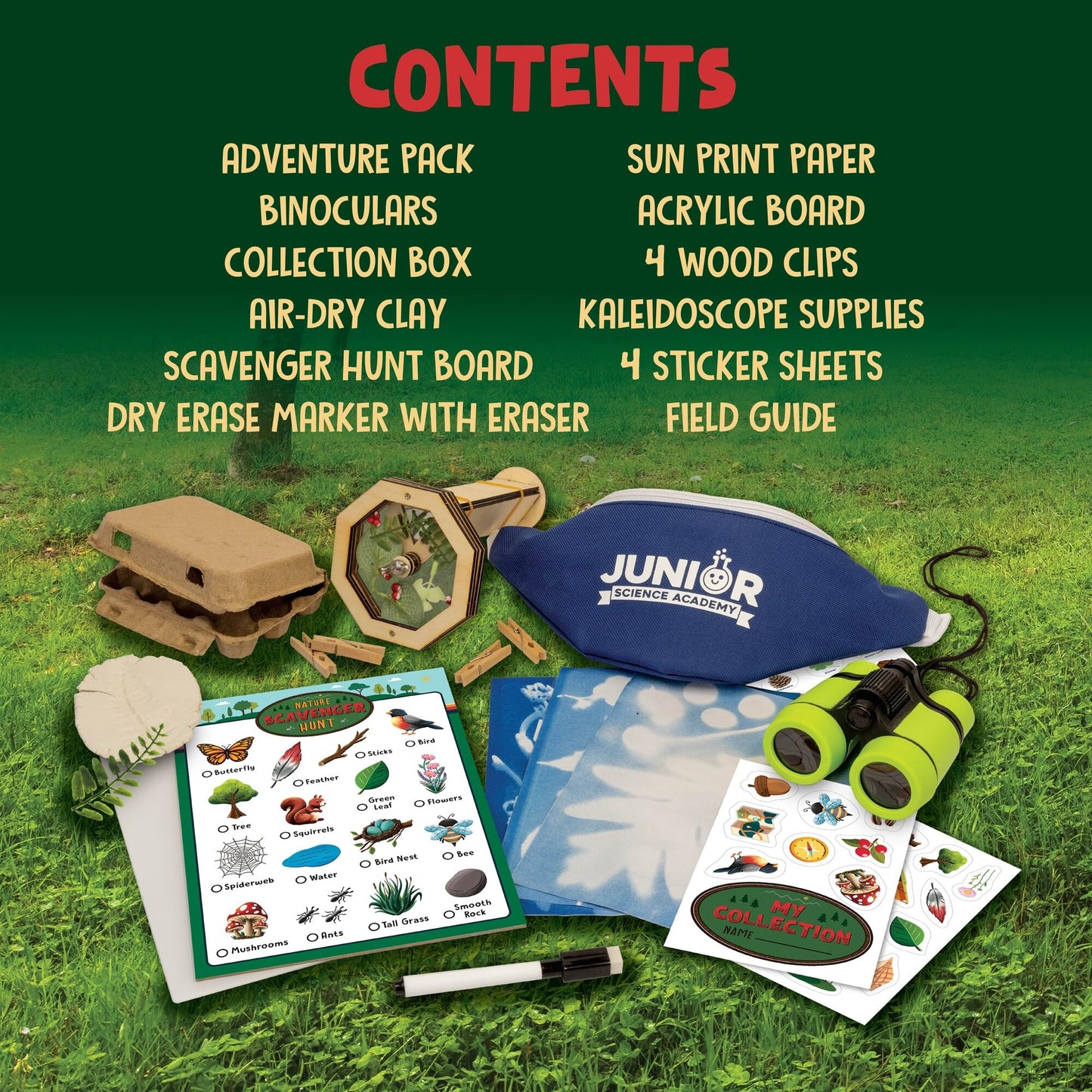 MindWare Junior Science Academy Nature Adventure Science Kit – STEM Outdoor Discovery Kit for Kids Ages 4+ Build a Kaleidoscope, Make Sun Prints, Create Clay Pressings & Explore Nature with Binoculars