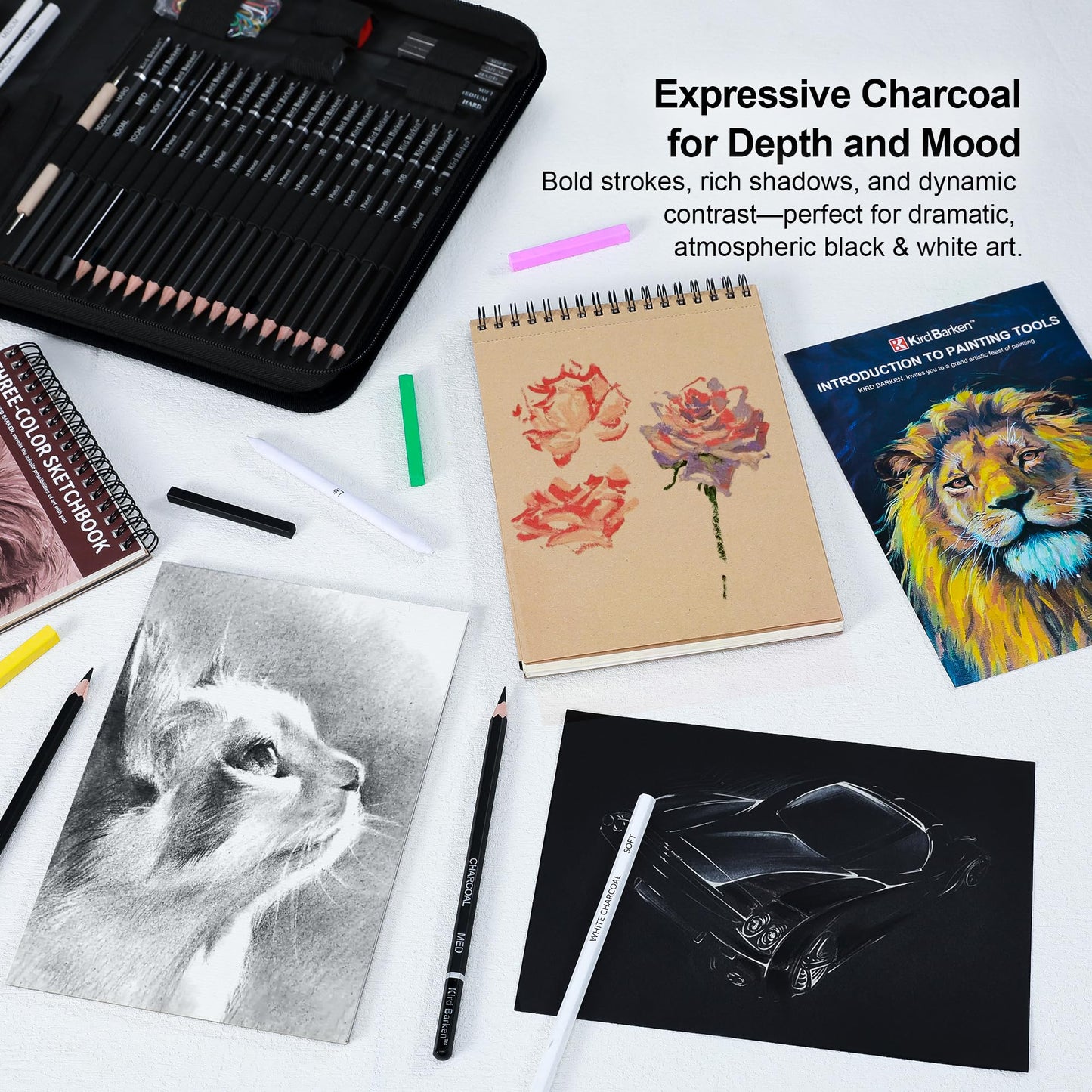 Kird Barken 112 PCS Professional Drawing Set Sketch Kit with 3-Color Sketchbook, Graphite & Charcoal Pencils,Sketching Supplies for Shading & Blending – Ideal for Artists, Adults, Teens & Beginners