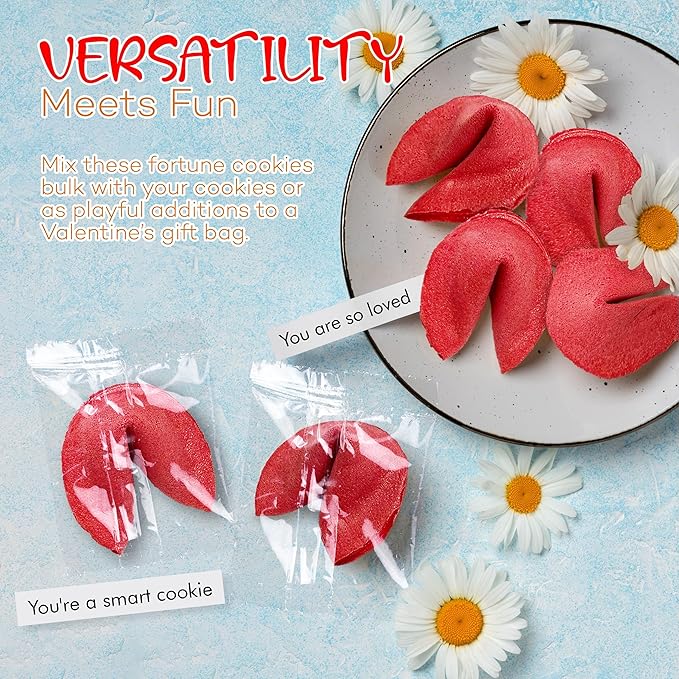 4E's Novelty Valentine Fortune Cookies (50 Pcs) - Fortune Cookies Individually Wrapped Bulk with 50 Valentine Messages, Valentine Treats for Kids Party, Non Candy Treats, 2025 Updated Version