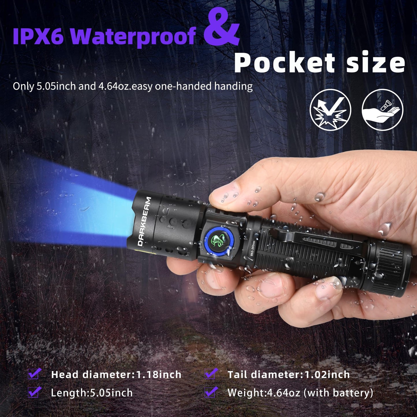 DARKBEAM 365nm UV Flashlight Black Light with Filter, Powerful Blacklight USB-C Rechargeable LED Mini Water Resistant- Detector for Pet Urine, Uranium Glass- Resin Curing- Blood Tracking