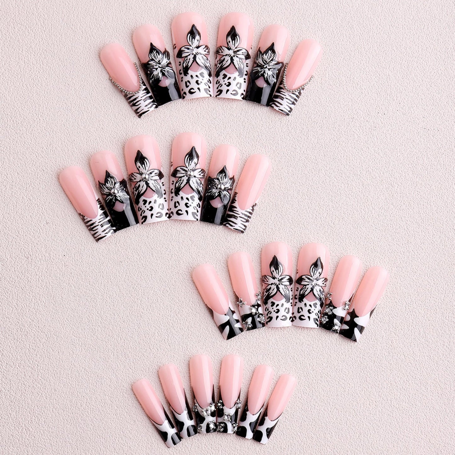 SEENEEY Long Press on Nails Square Fake Nails Black Artificial Nail 3D Floral Designs Rhinestones Stick on Nail for Women 24pcs