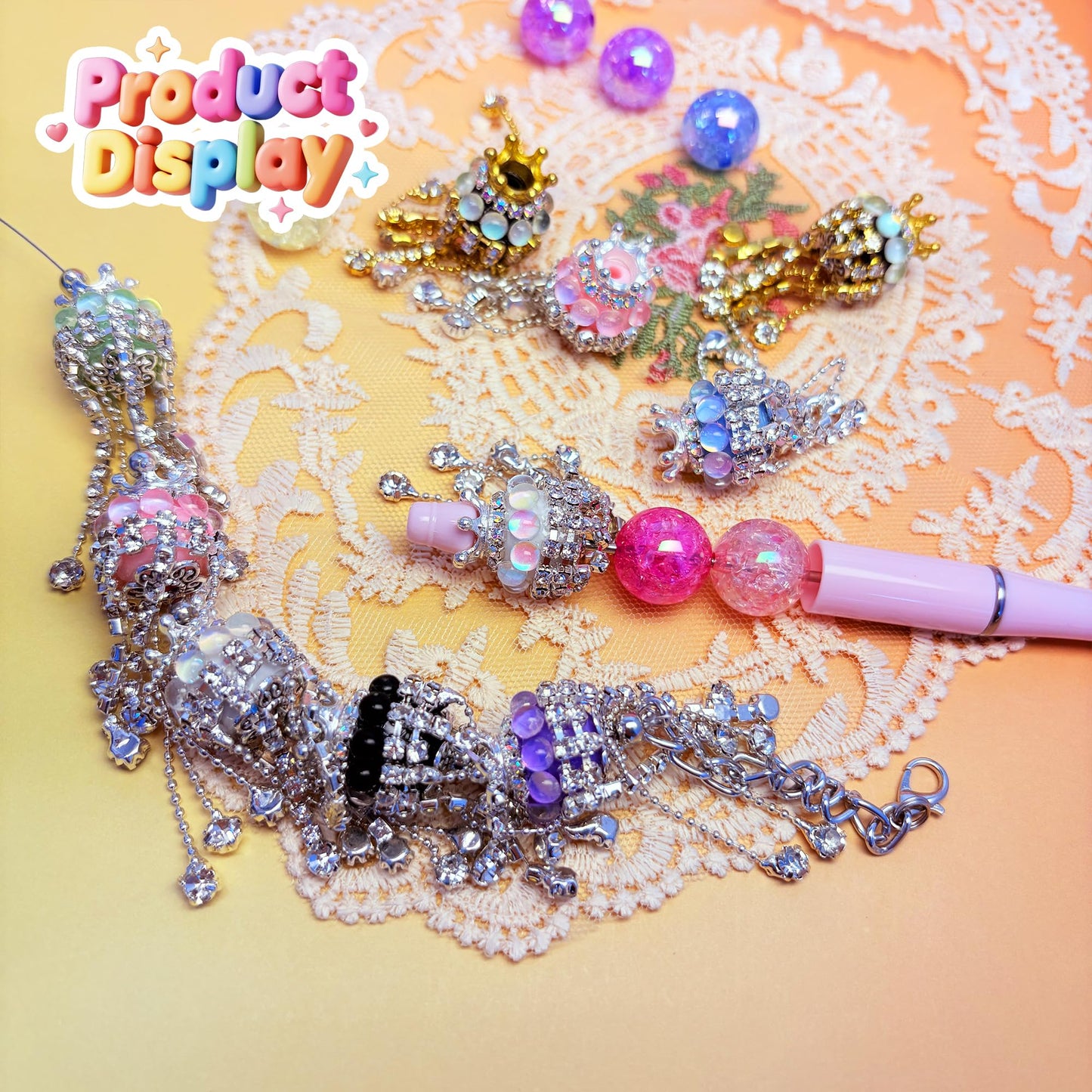 10pcs Rhinestone Focal Beads for Pens, Sparkling Crystal Crown-Shaped Designs with Tassels, Fancy Beads for DIY Jewelry Making Keychains Crafts Holiday Decorations
