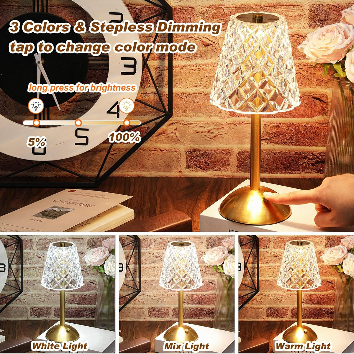 Liliful 2 Pcs LED Portable Cordless Table Lamp Touch Battery Operated Rechargeable Desk Lamp 3 Color Dimmable for Bedroom Living Room Dining (Diamond Style,Gold)