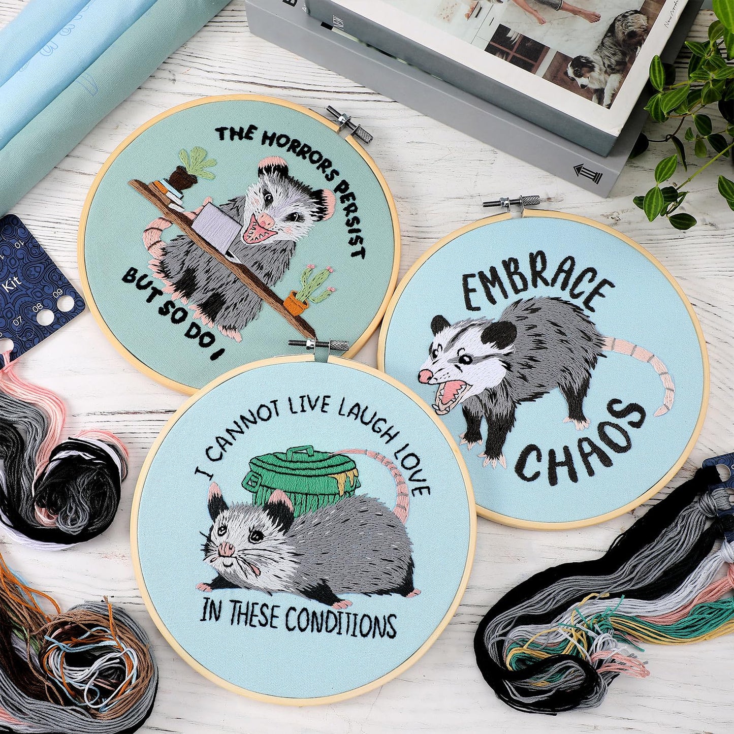 Mindsoft 3 Sets Possum Embroidery Kit with Embroidery Hoop Easy Pattern Needlepoint Kit for Beginners and Adults Hand Crafts Needlepoint Set with Needles Thread and Instruction