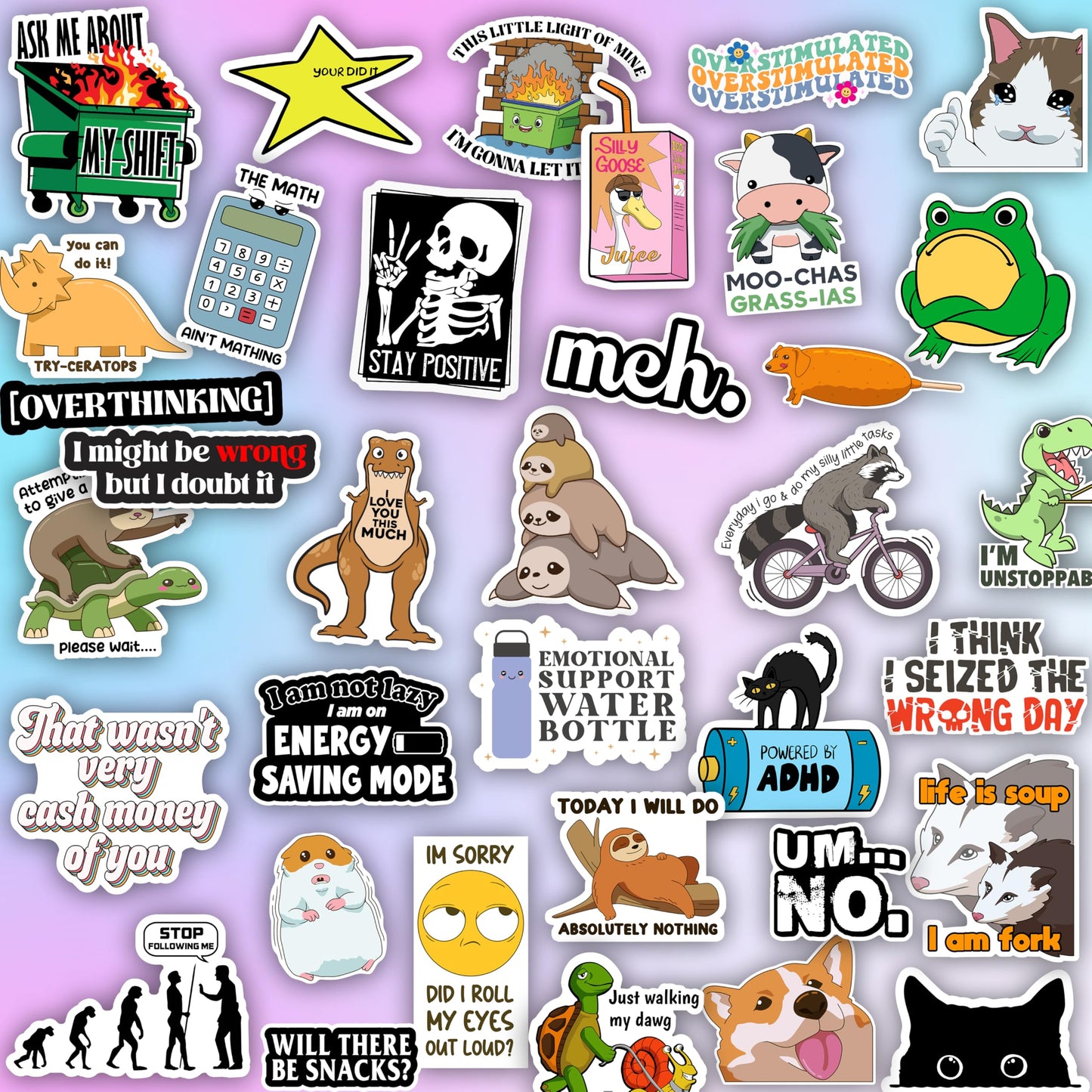 Hot Mess Xpress by Puraesla - 225PCS Funny Holographic Stickers for Adults, Waterproof Vinyl Pack Sarcastic Relatable Meme Decals for Laptop, Water Bottle, Phone, Kindle, Journal, Scrapbooking